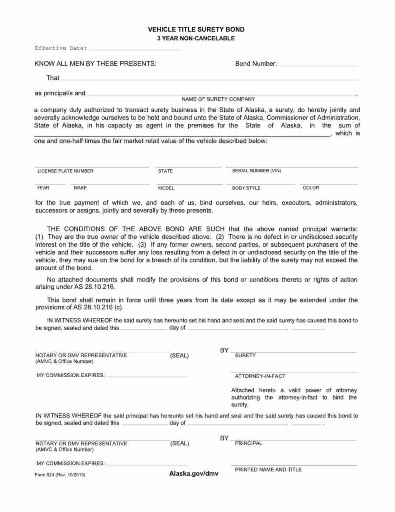 Alaska Motor Vehicle Certificate of Title Bond Form