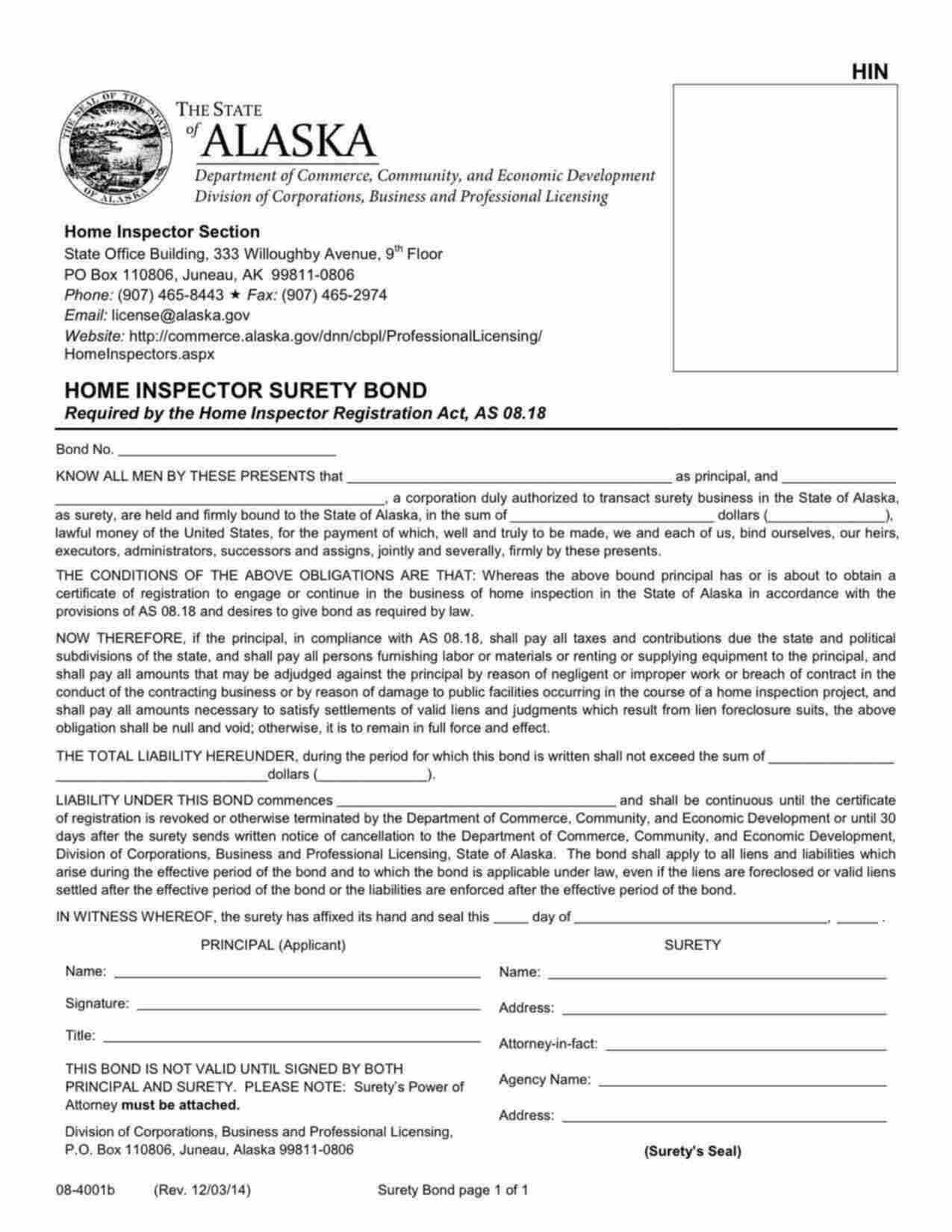 Alaska Home Inspector Bond Form