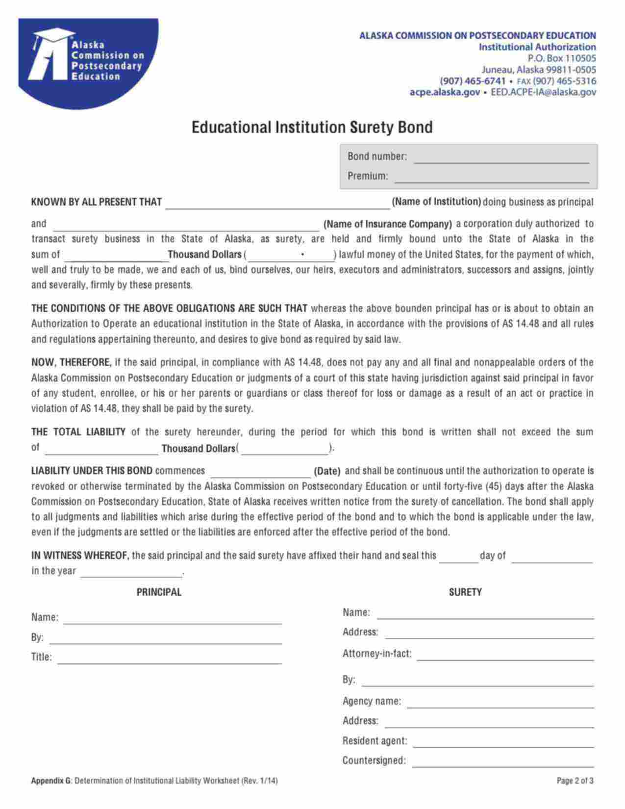 Alaska Educational Institution Bond Form