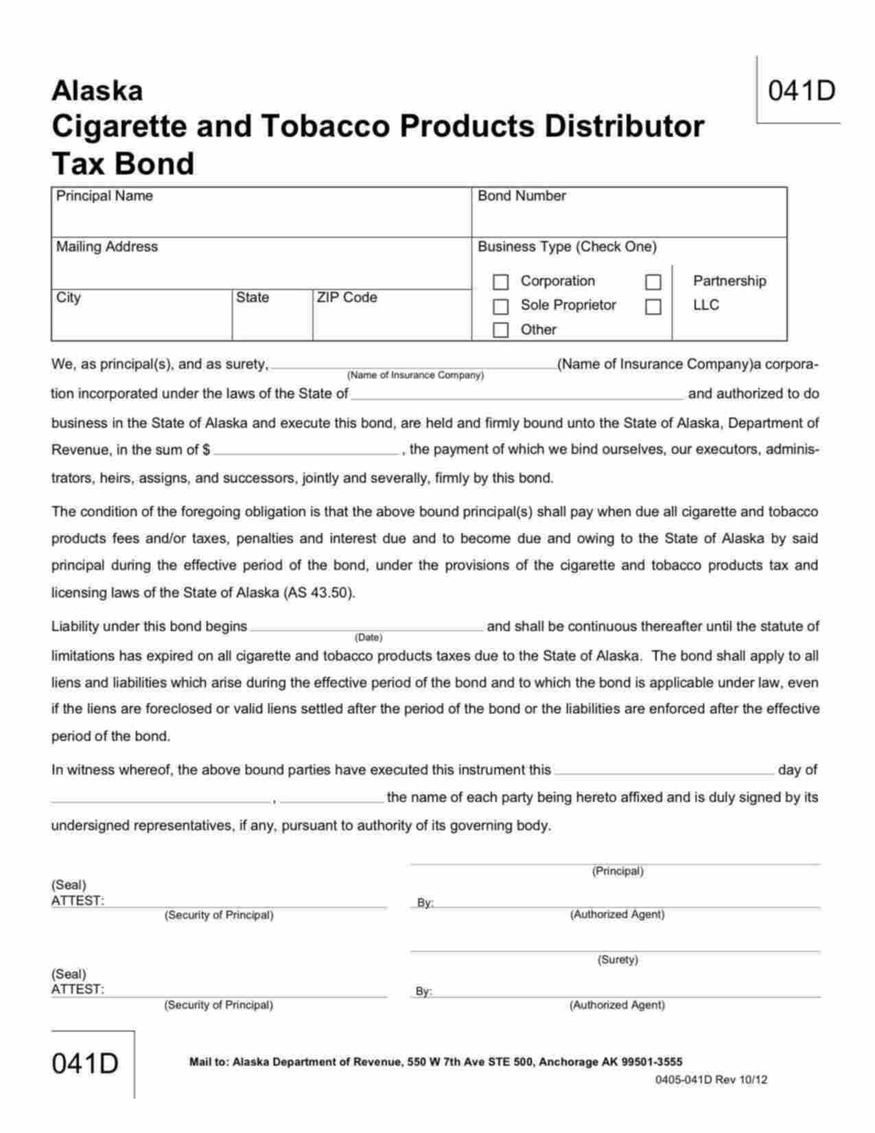Alaska Cigarette and Tobacco Products Distributor Bond Form