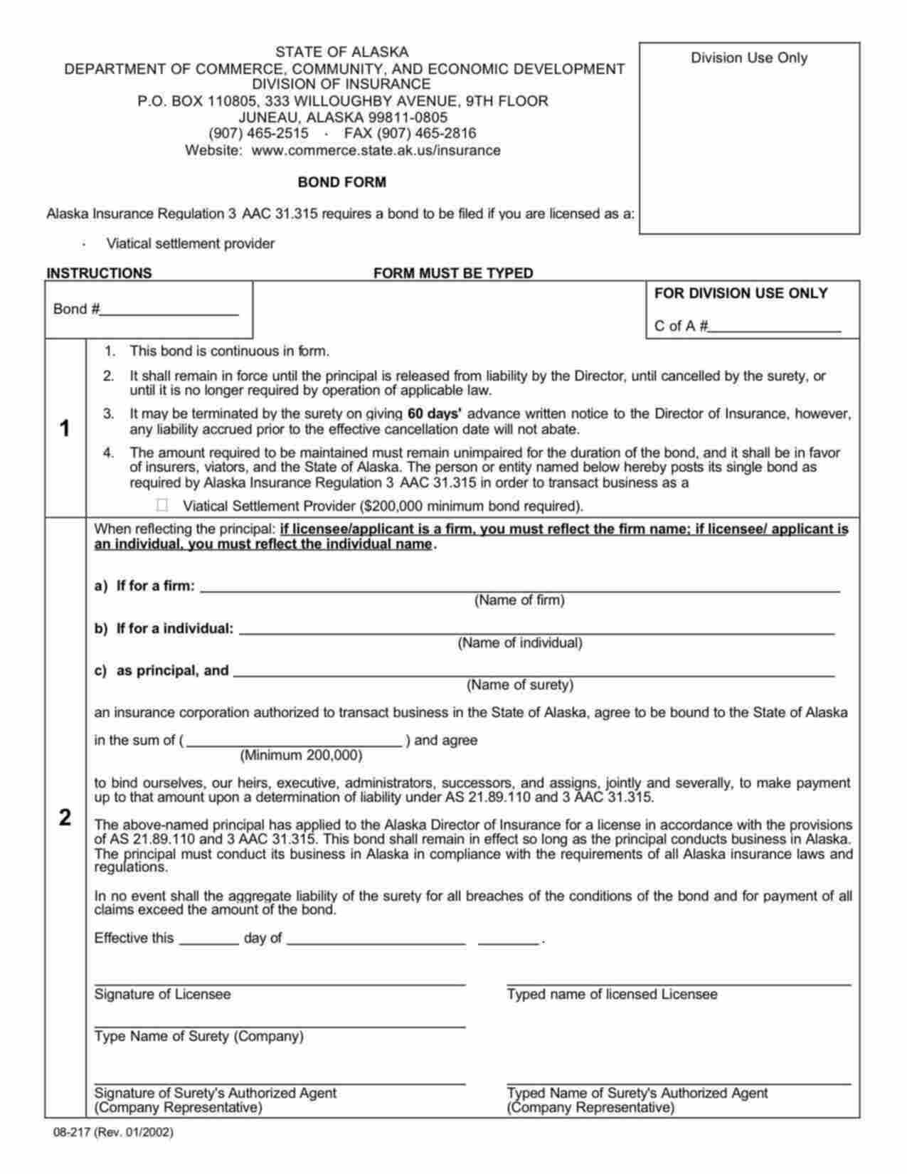 Alaska Viatical Settlement Provider (Company) Bond Form