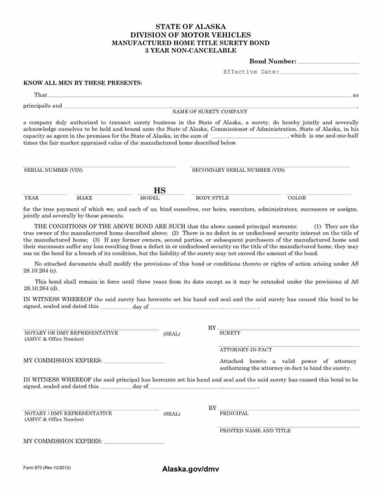 Alaska Manufactured Home Certificate of Title Bond Form