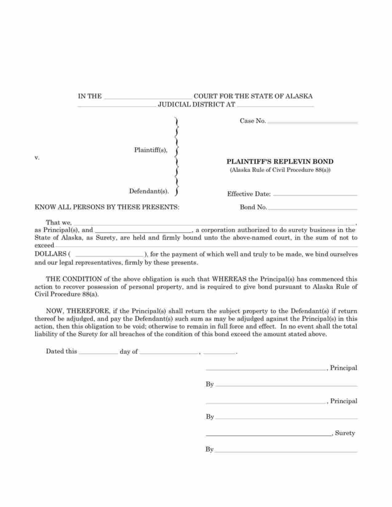 Alaska Plaintiffs Replevin Bond Form