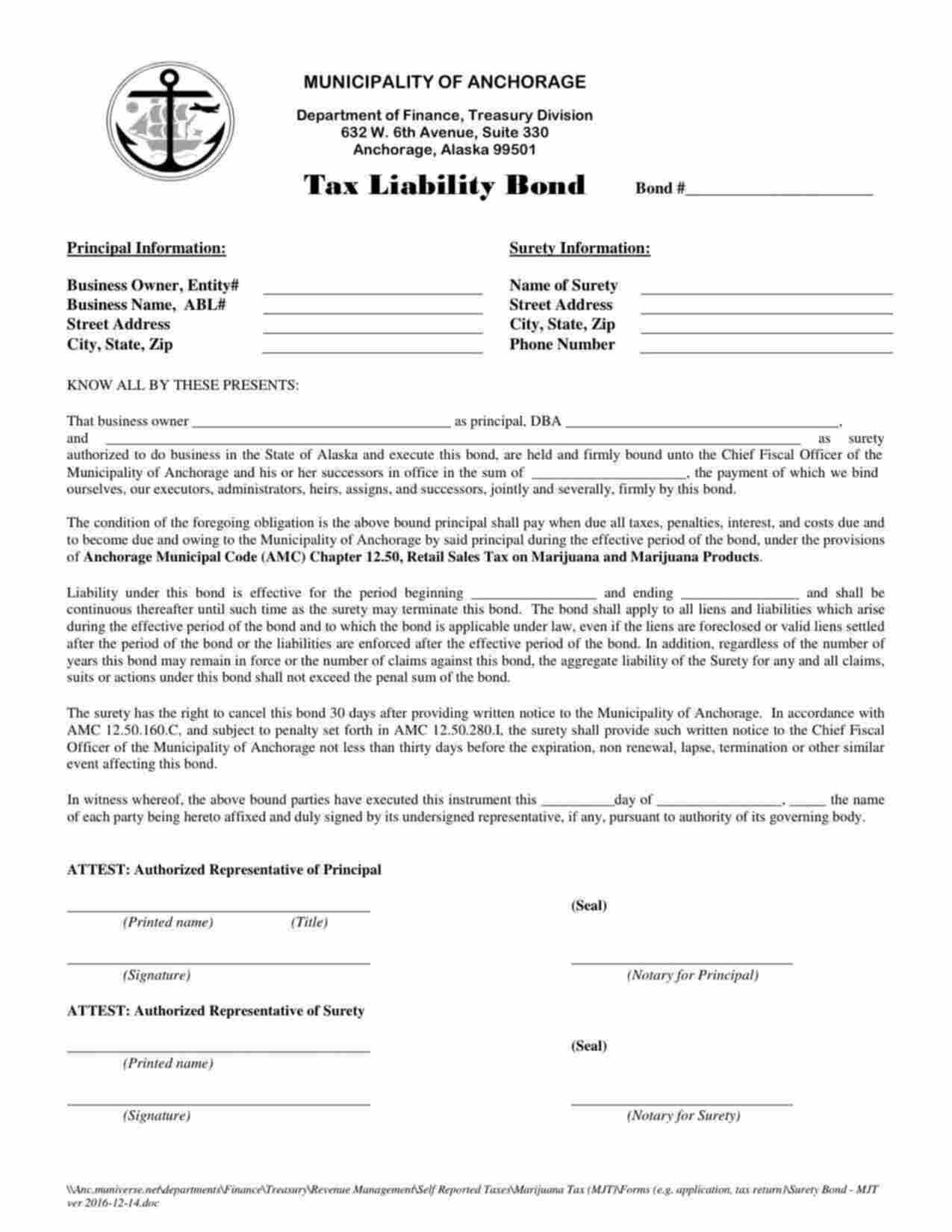 Alaska Marijuana Tax Liability Bond Form