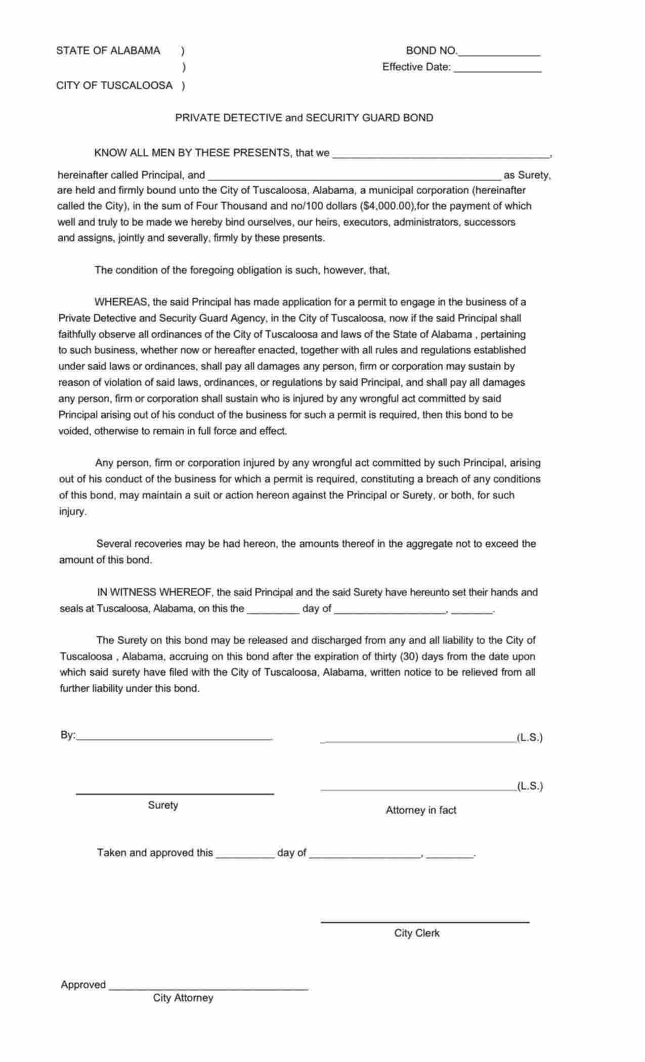 Alabama Private Detective and Security Guard Bond Form