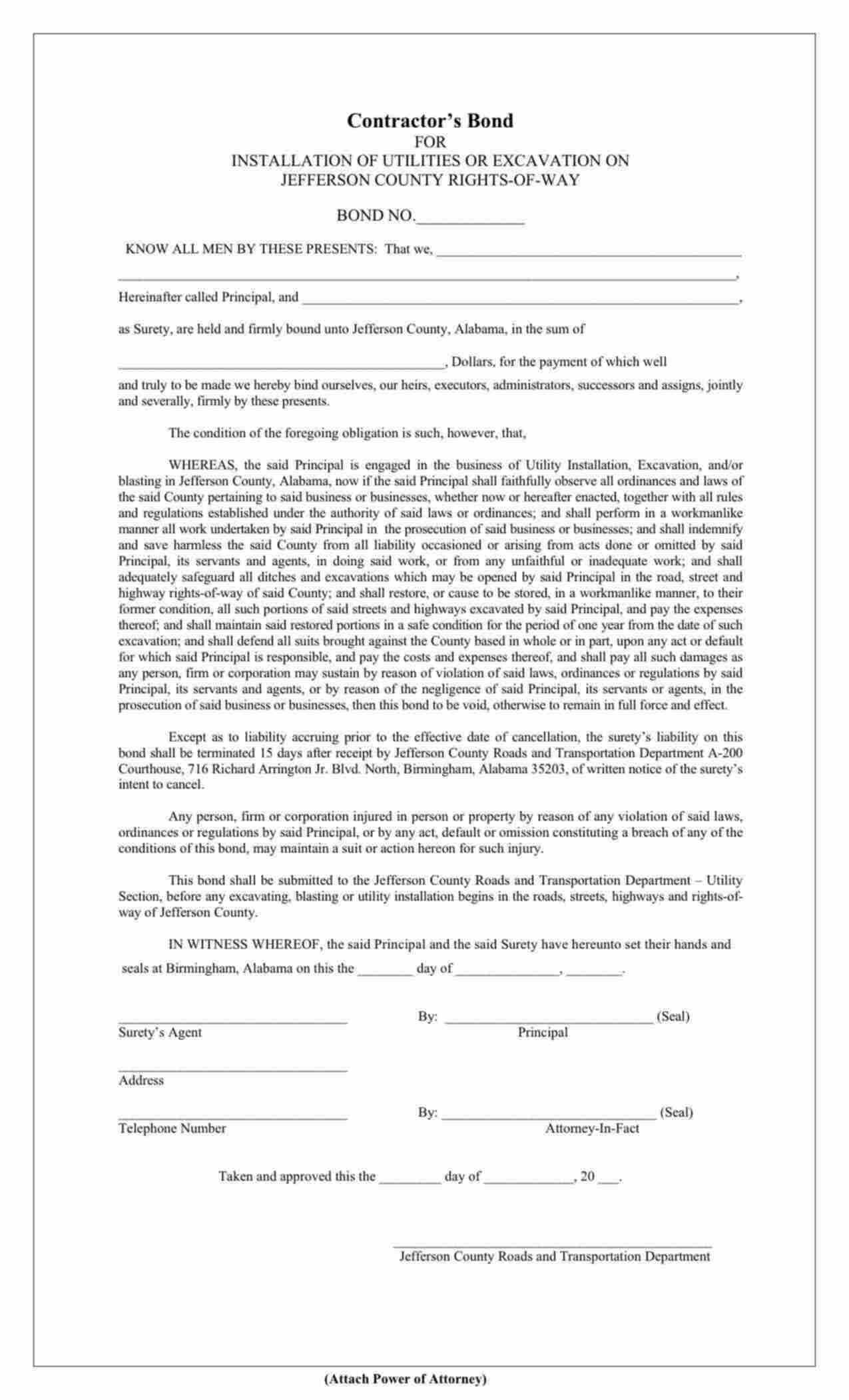 Alabama Installation of Utilities or Excavation on Right-of-Ways Bond Form