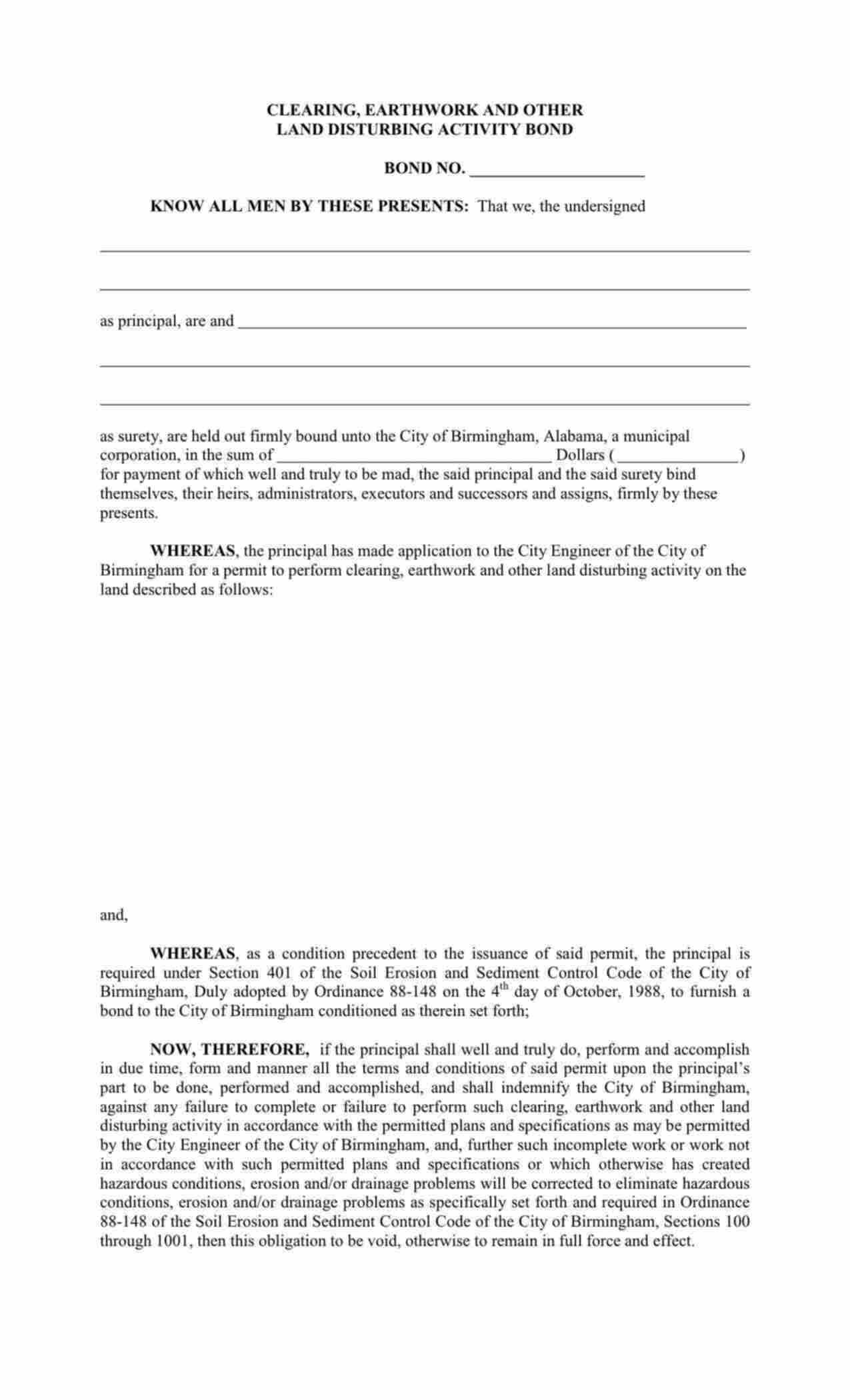 Alabama Land Disturbing Activity Bond Form