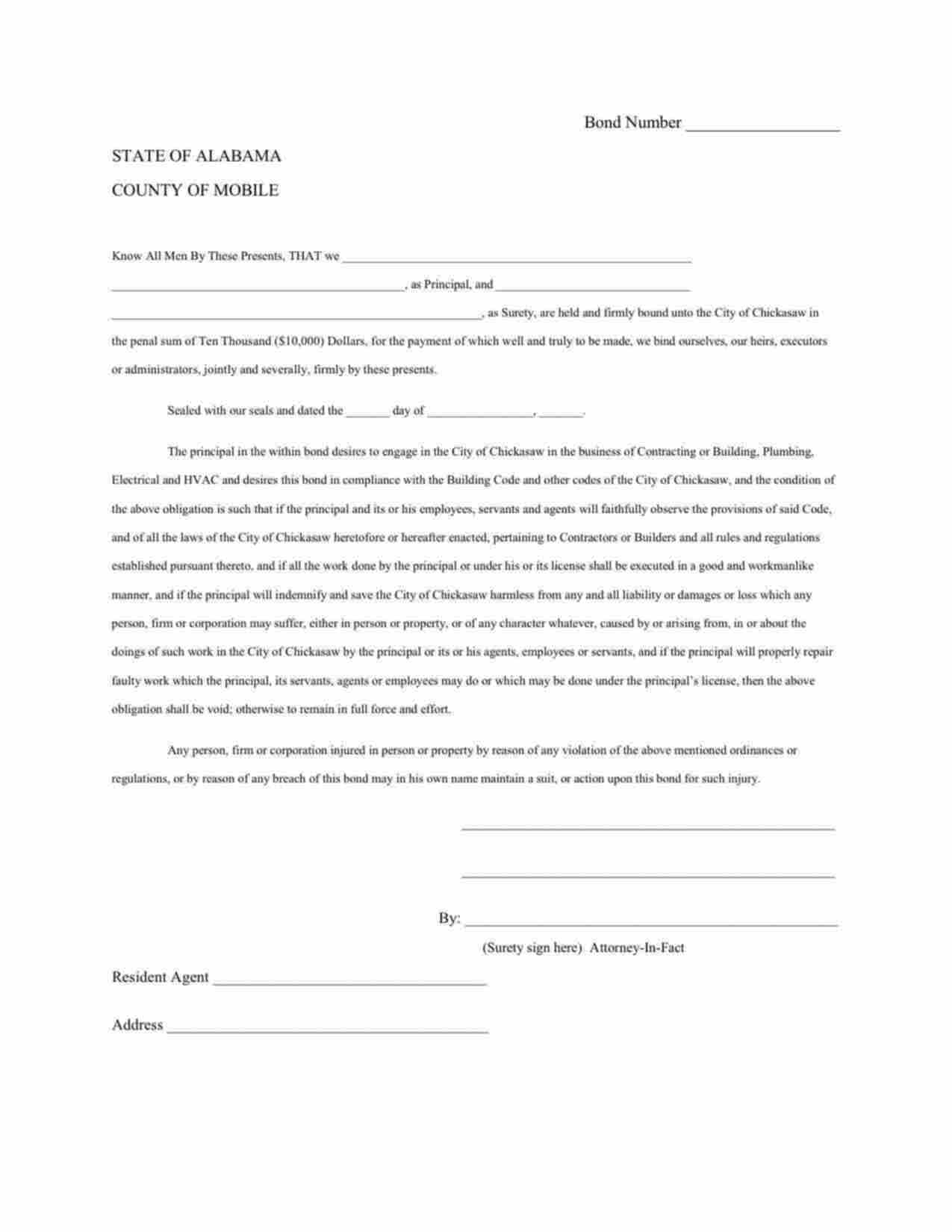 Alabama Contractor's License/Permit Bond Form