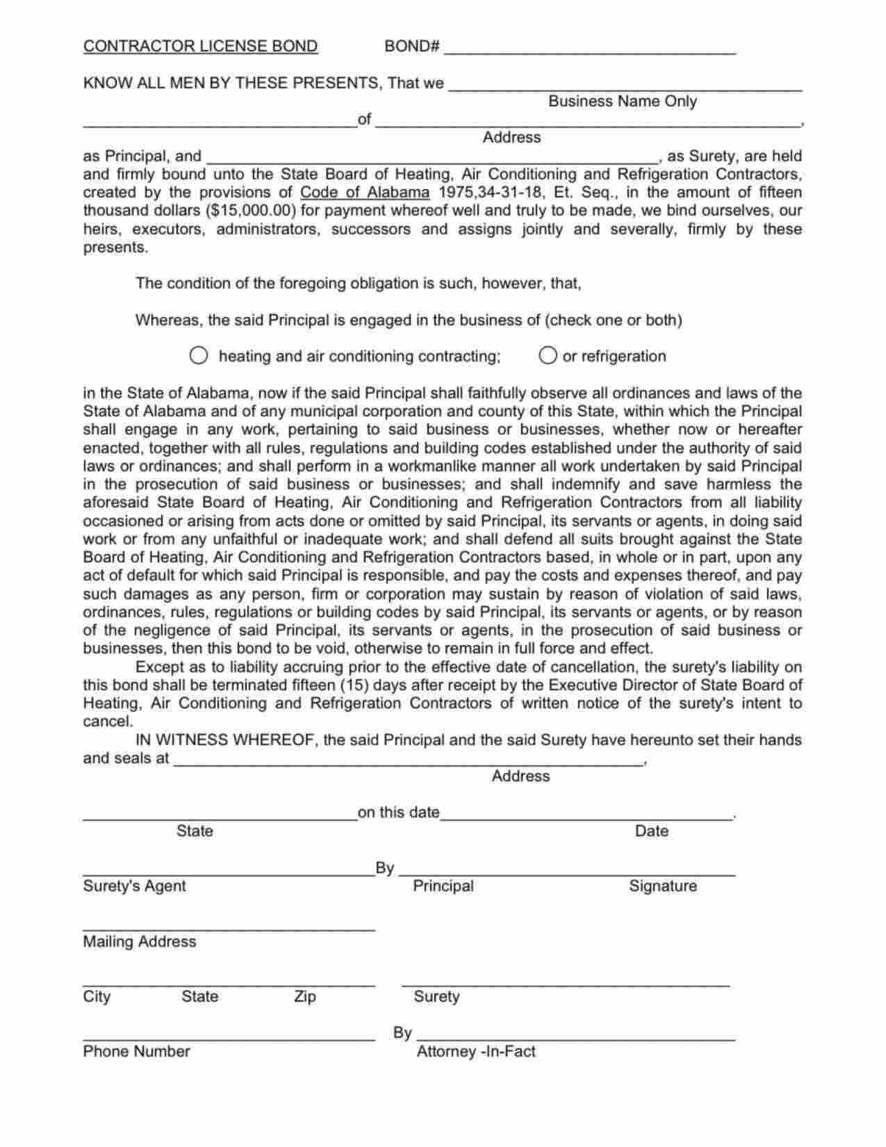 Alabama Heating and Air Conditioning AND Refrigeration Contractor Bond Form
