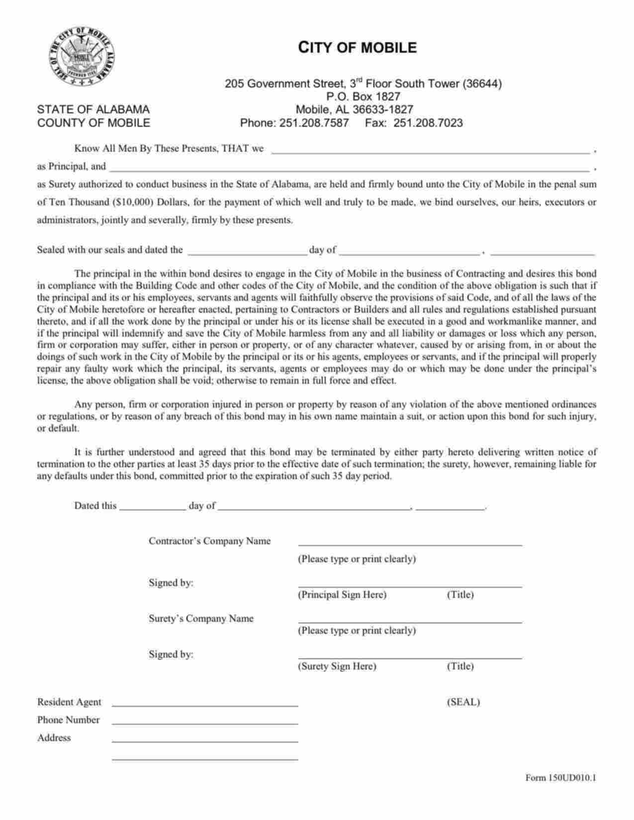Alabama Contractor's License/Permit Bond Form