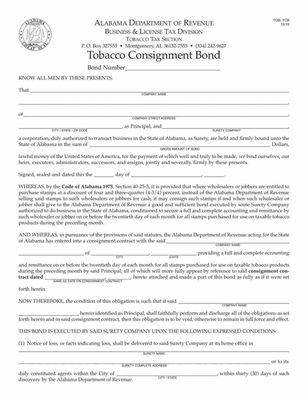 Alabama Tobacco Consignment Tax Bond Form