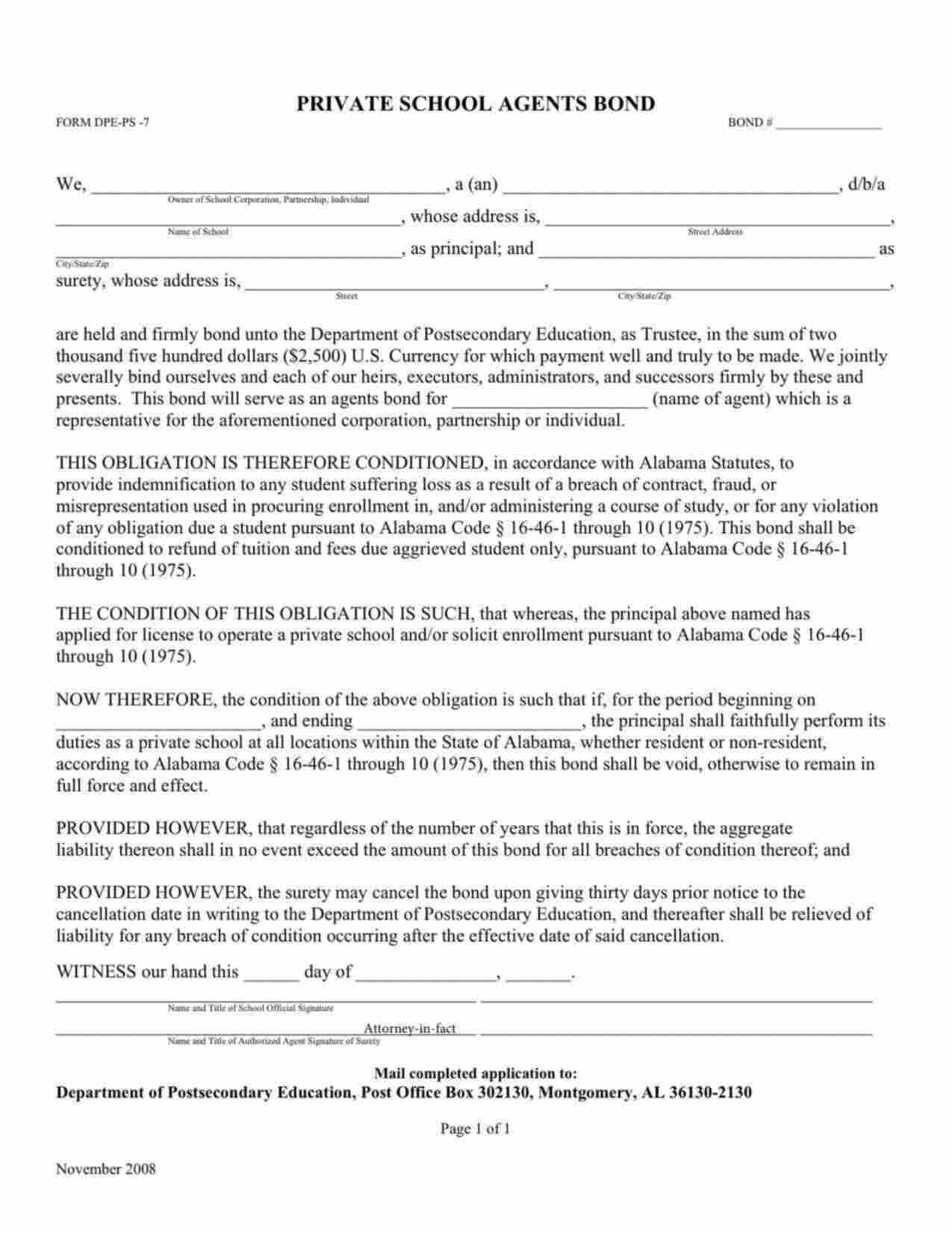 Alabama Private School Agent Bond Form