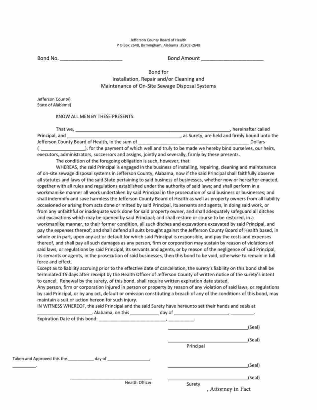 Alabama Installation, Repair and/or Cleaning and Maintenance of On-Site Sewage Disposal Systems Bond Form