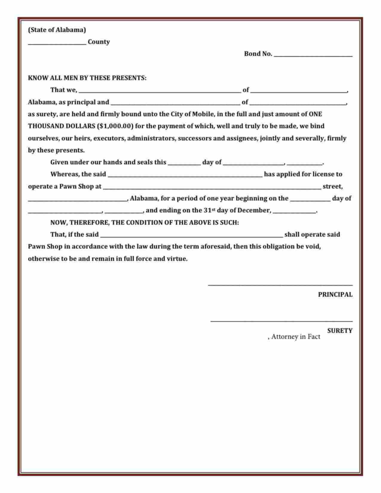 Alabama Pawn Shop Bond Form