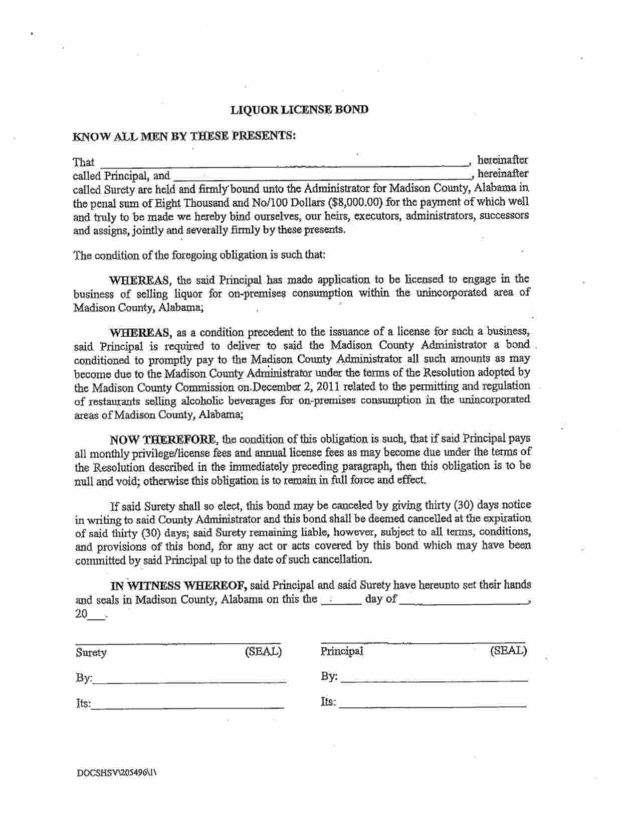 Alabama Liquor License Bond Form