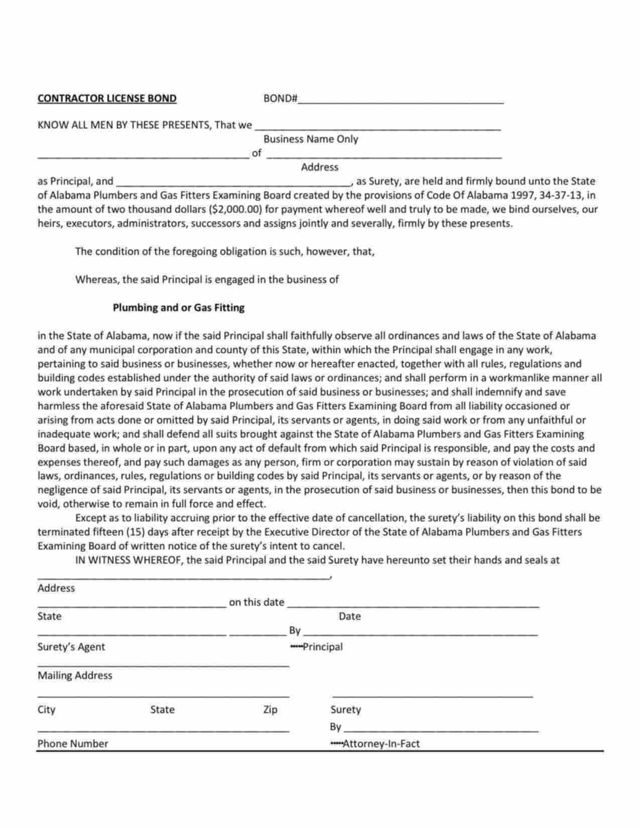 Alabama Plumbing and/or Gas Fitting Contractor Bond Form