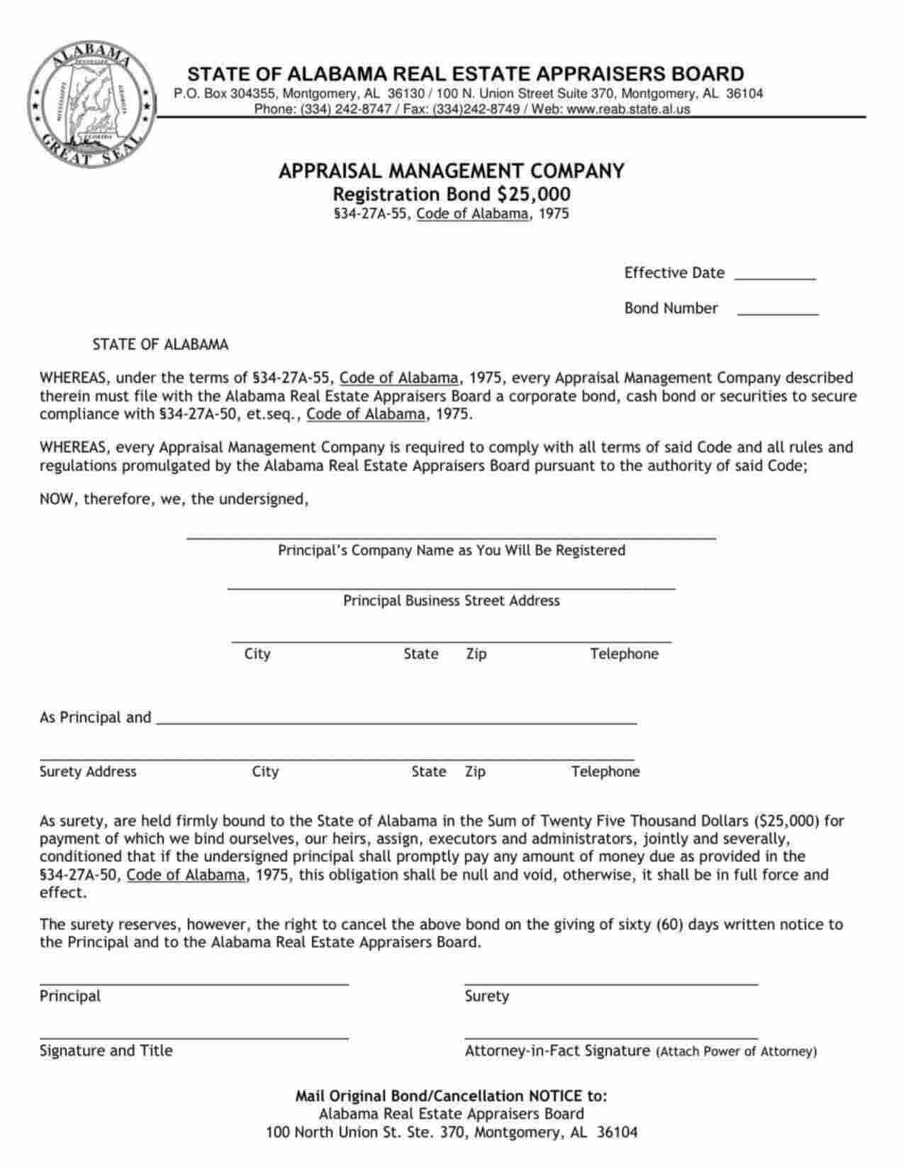 Alabama Appraisal Management Company Bond Form