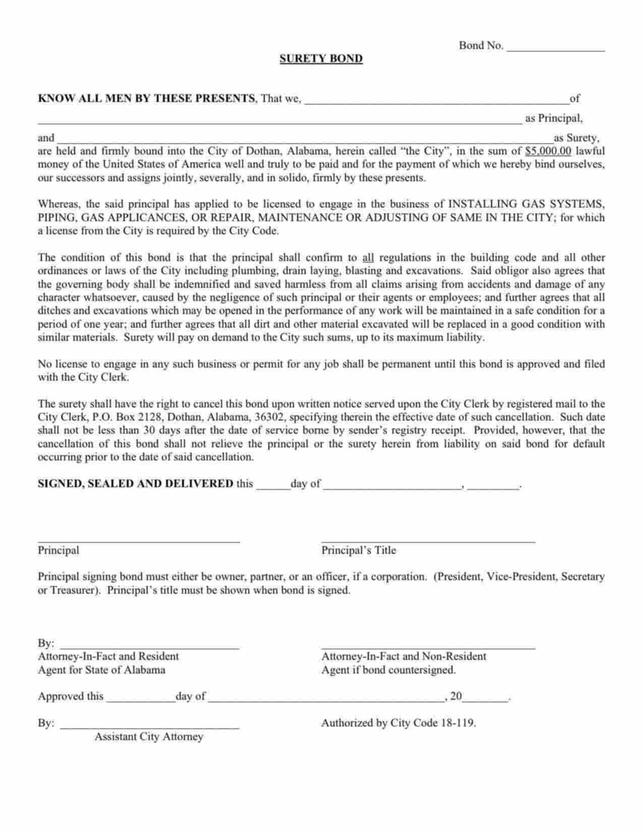 Alabama Gas System, Piping, or Appliance Installation Bond Form