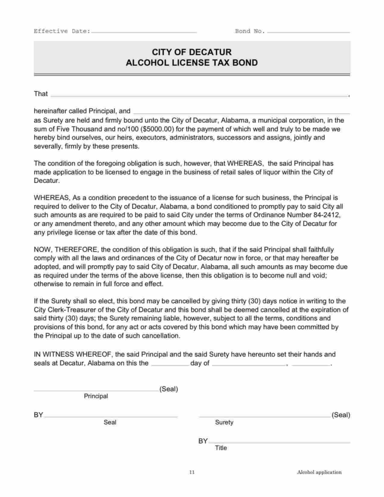 Alabama Alcohol License Tax Bond Form
