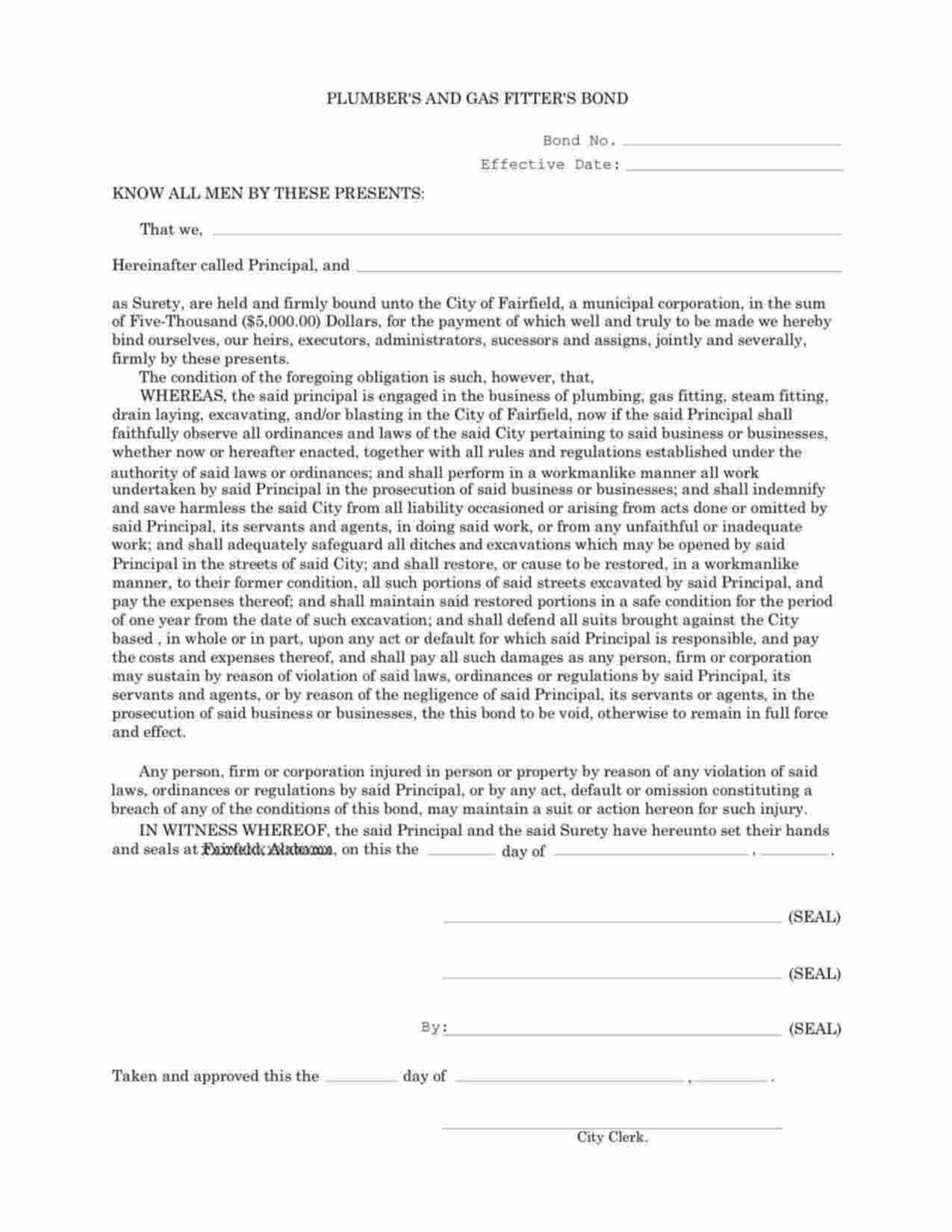 Alabama Plumber and Gas Fitter Bond Form