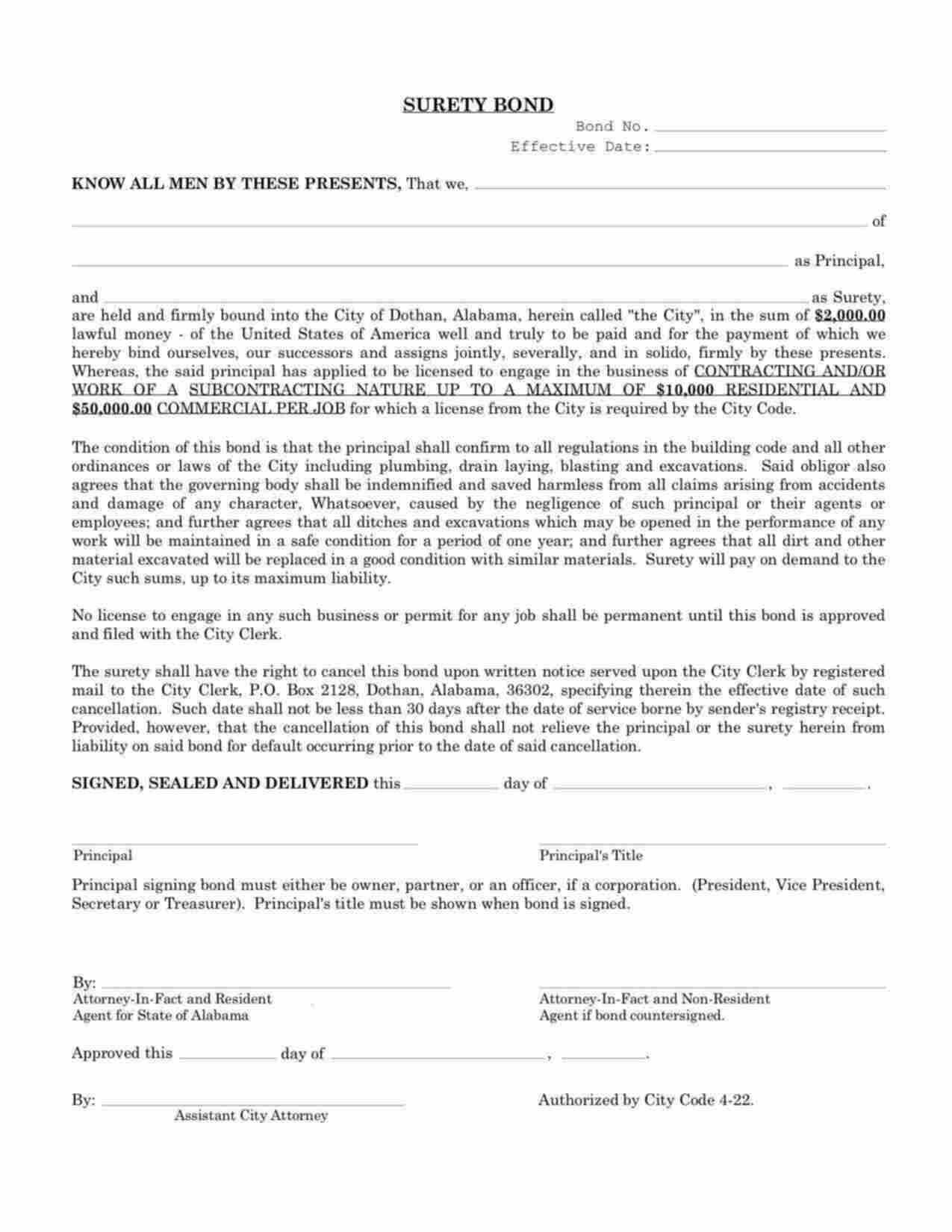 Alabama Contractor/Subcontractor Bond Form
