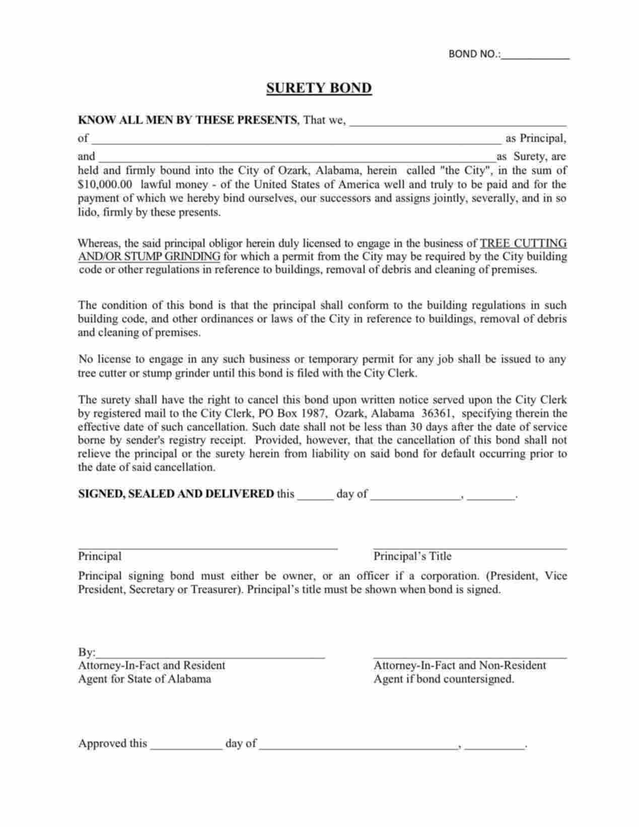 Alabama Tree Cutting and/or Stump Grinding Bond Form