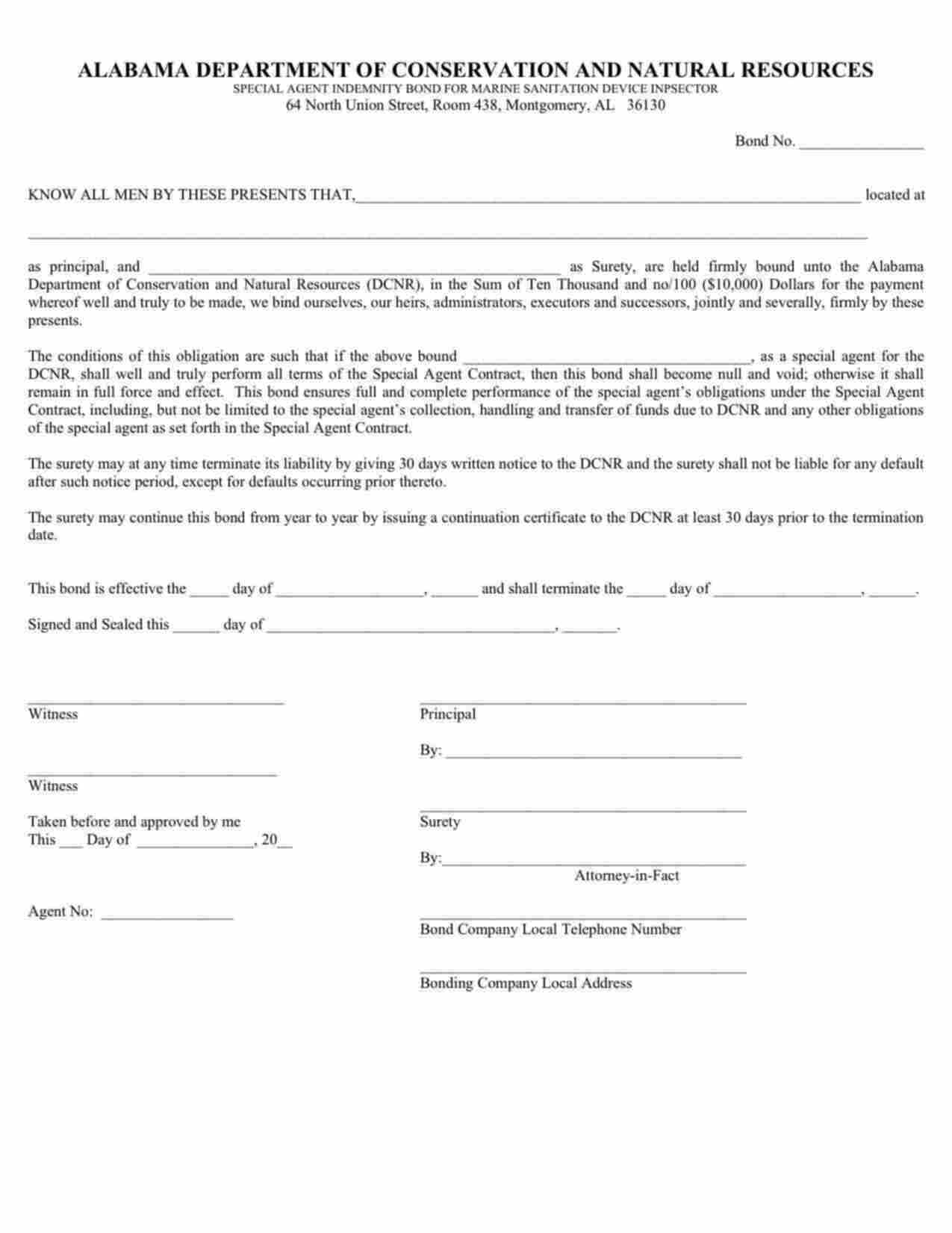 Alabama Marine Sanitation Device Inspector Bond Form