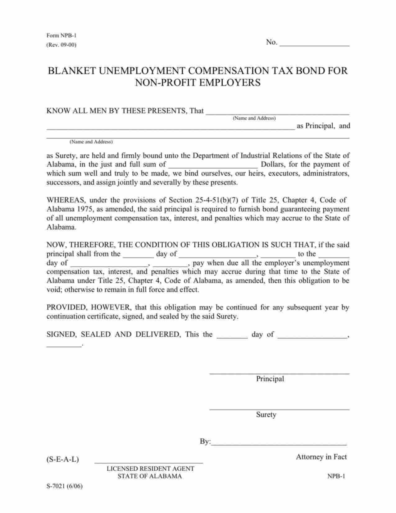 Alabama Blanket Unemployment Compensation Tax Bond Form