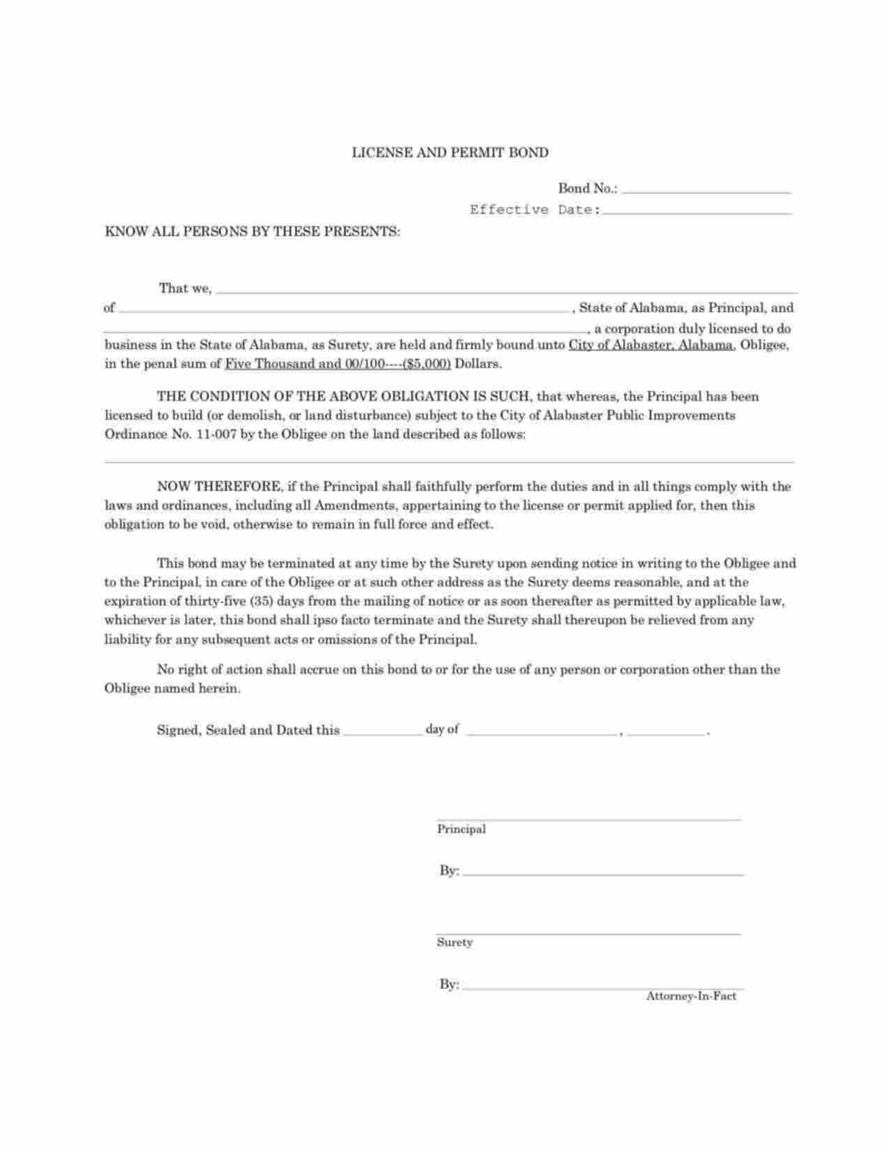 Alabama Public Improvements License and Permit Bond Form