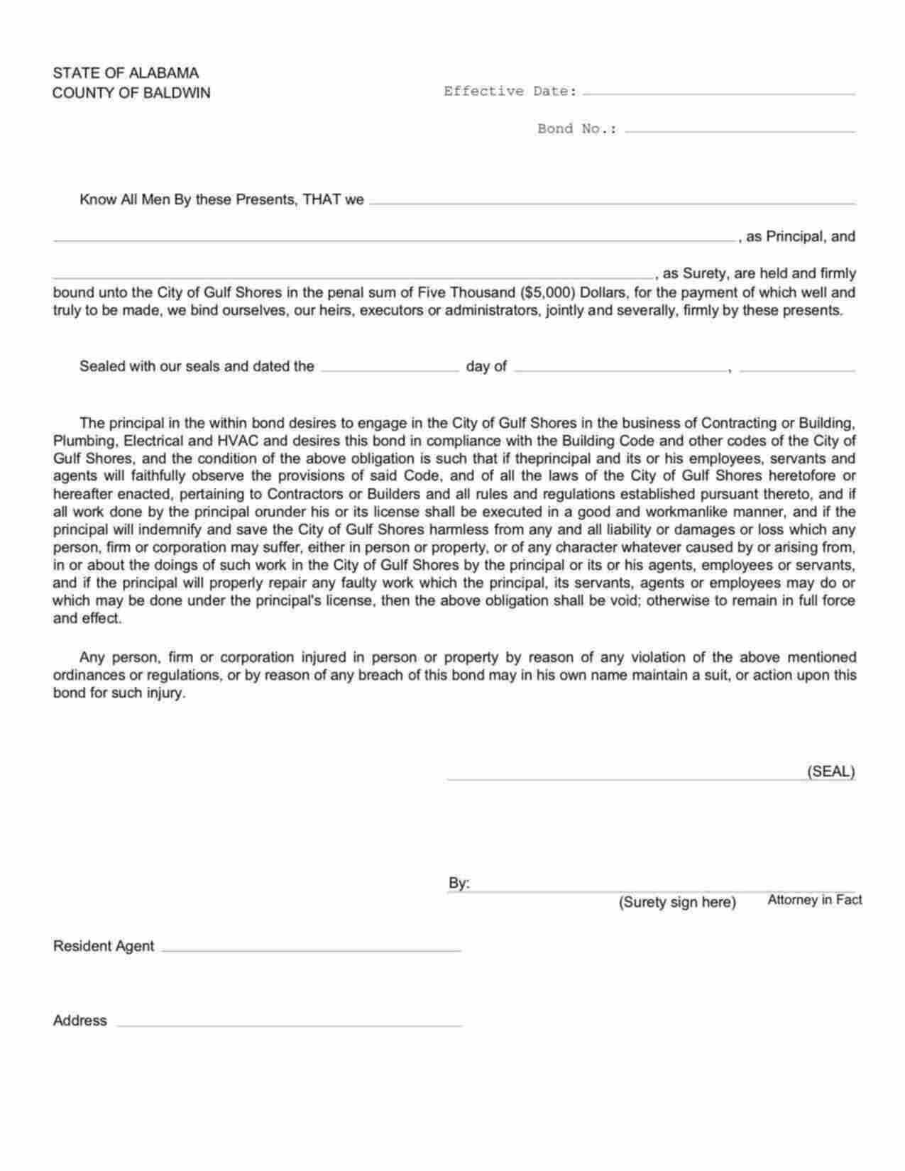 Alabama Building, Plumbing, Electrical and HVAC Contractor Bond Form