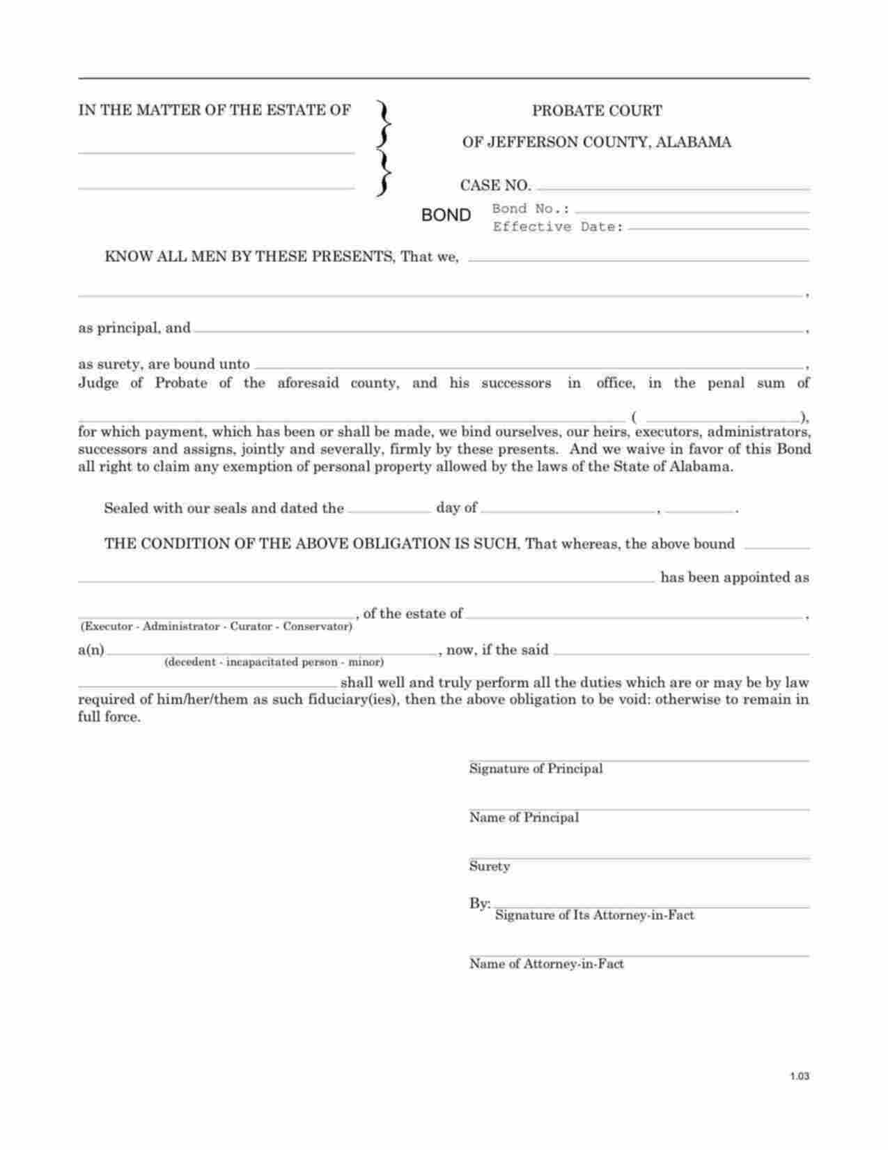 Alabama Administrator/Executor Bond Form