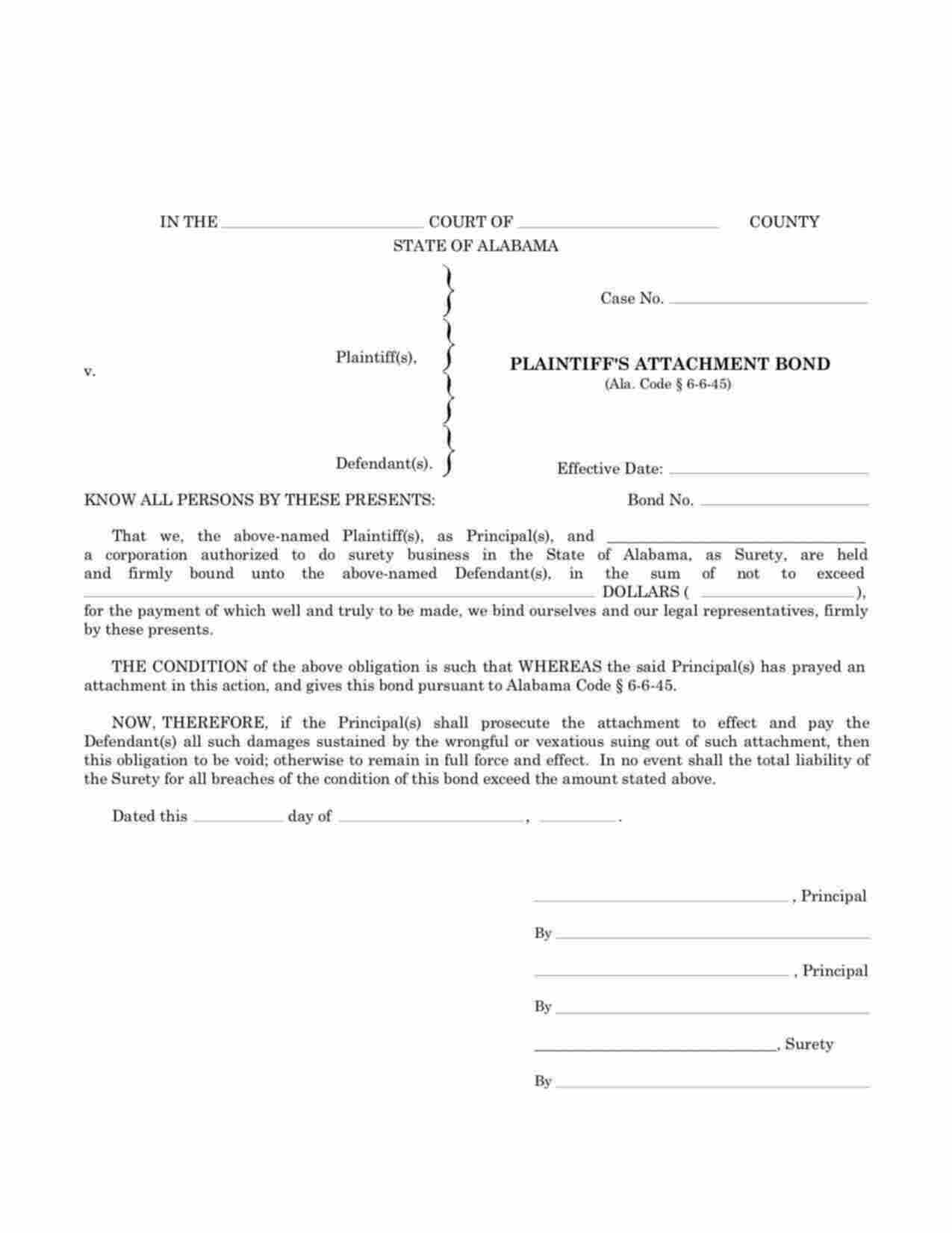 Alabama Plaintiffs Attachment Bond Form
