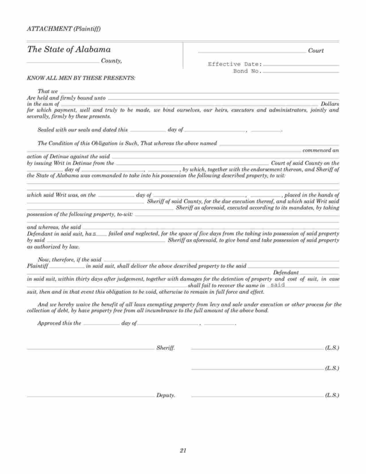 Alabama Plaintiffs Attachment in Detinue Bond Form