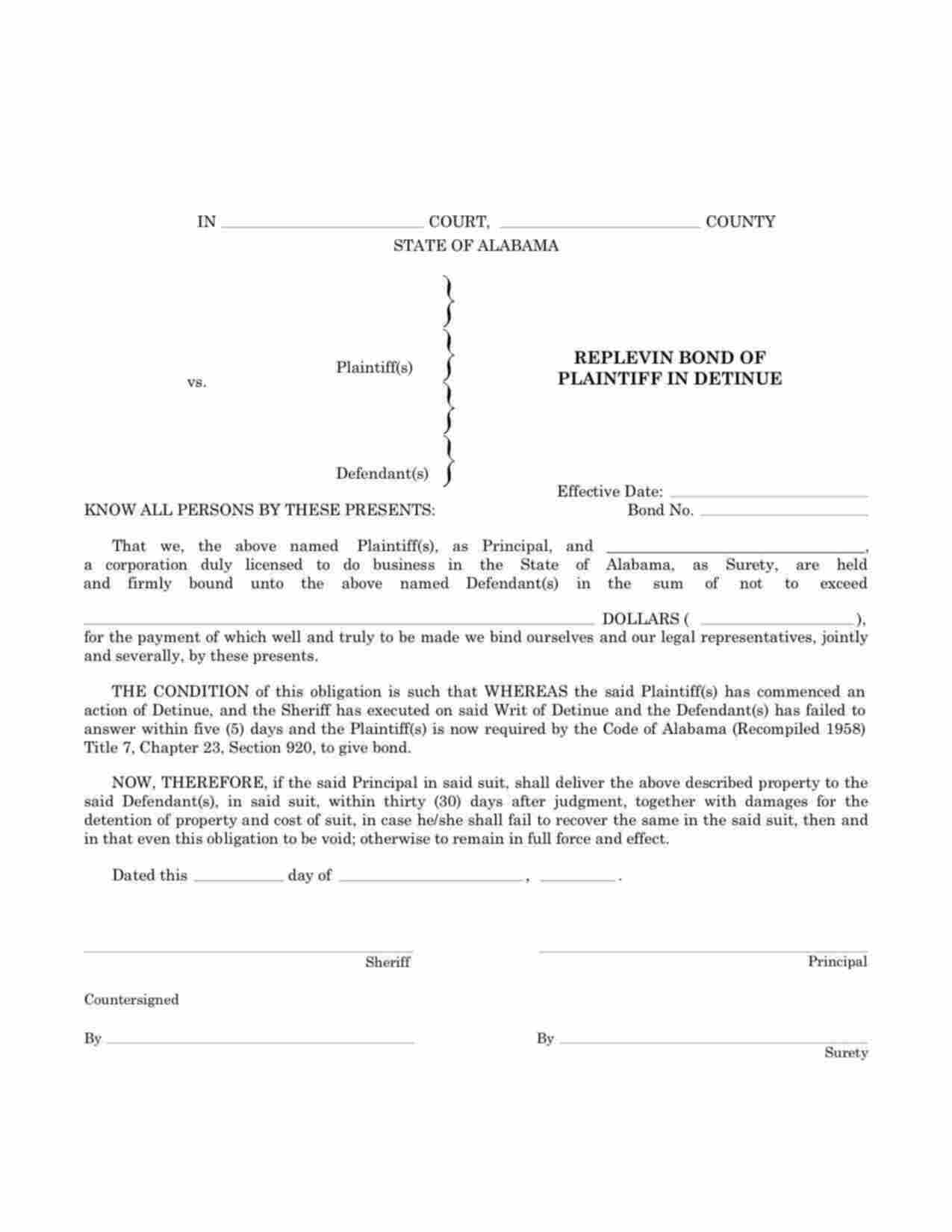 Alabama Replevin Plaintiff in Detinue Bond Form
