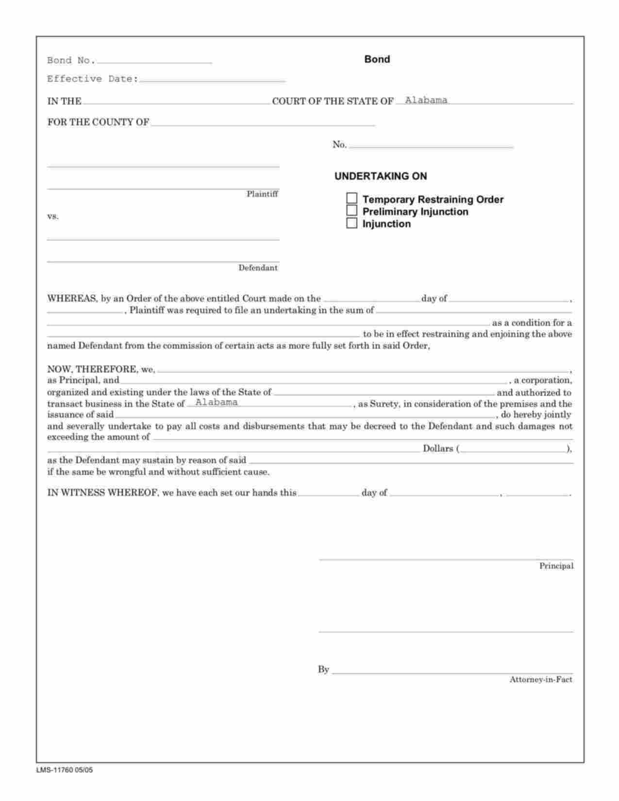 Alabama Preliminary Injunction Bond Form