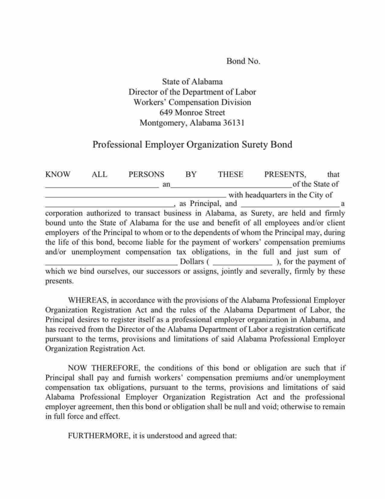 Alabama Professional Employer Organization Bond Form