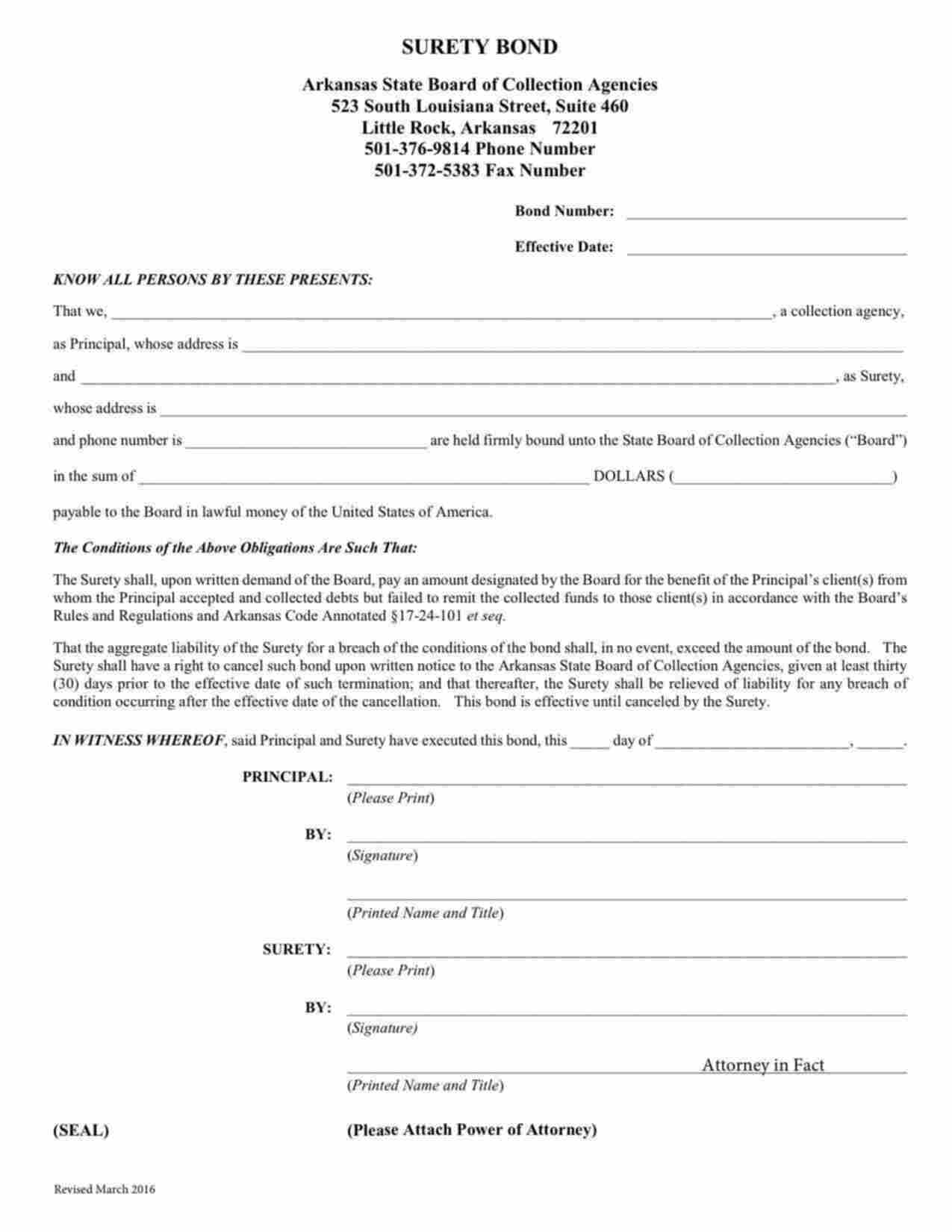 Arkansas Collection Agency Bond Form