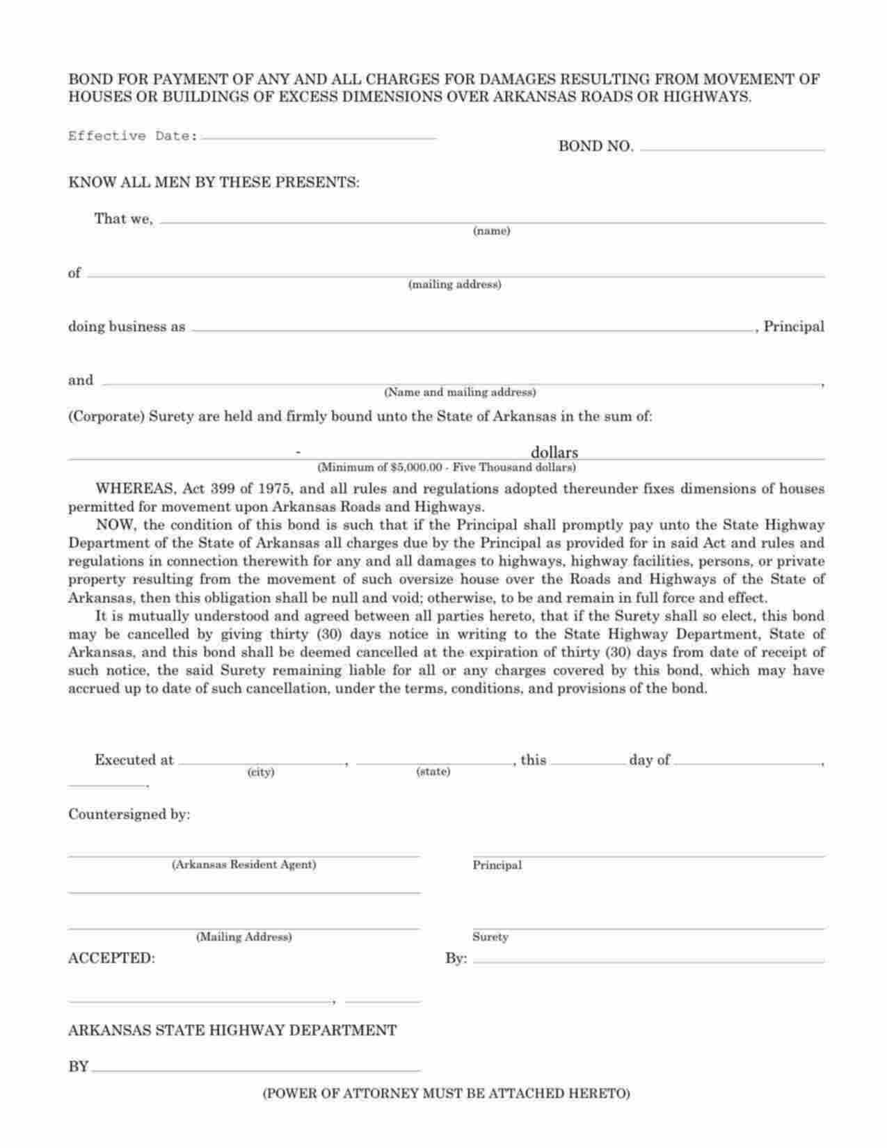 Arkansas Movement of Houses or Buildings of Excess Dimensions Bond Form