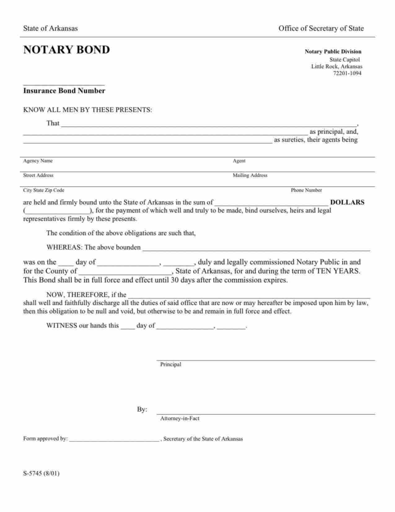 Arkansas Notary Public Bond Form