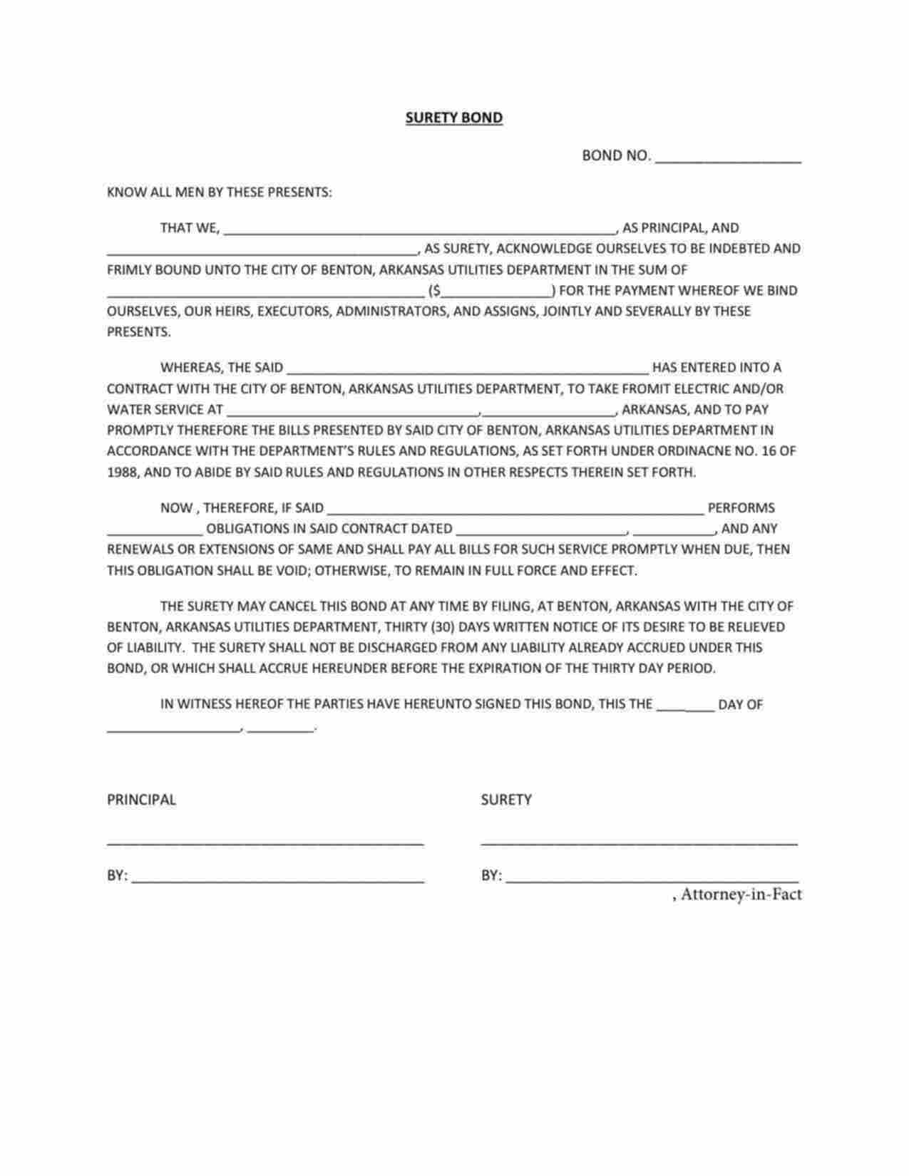 Arkansas Utility Deposit Bond Form