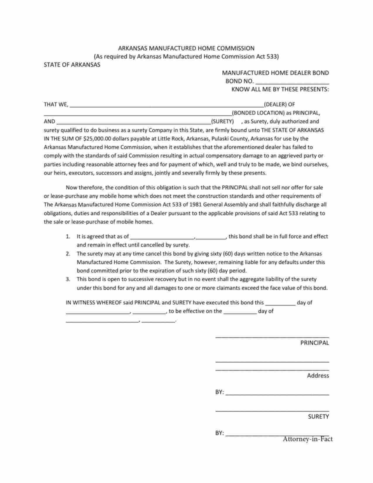 Arkansas Manufactured Home Dealer Bond Form