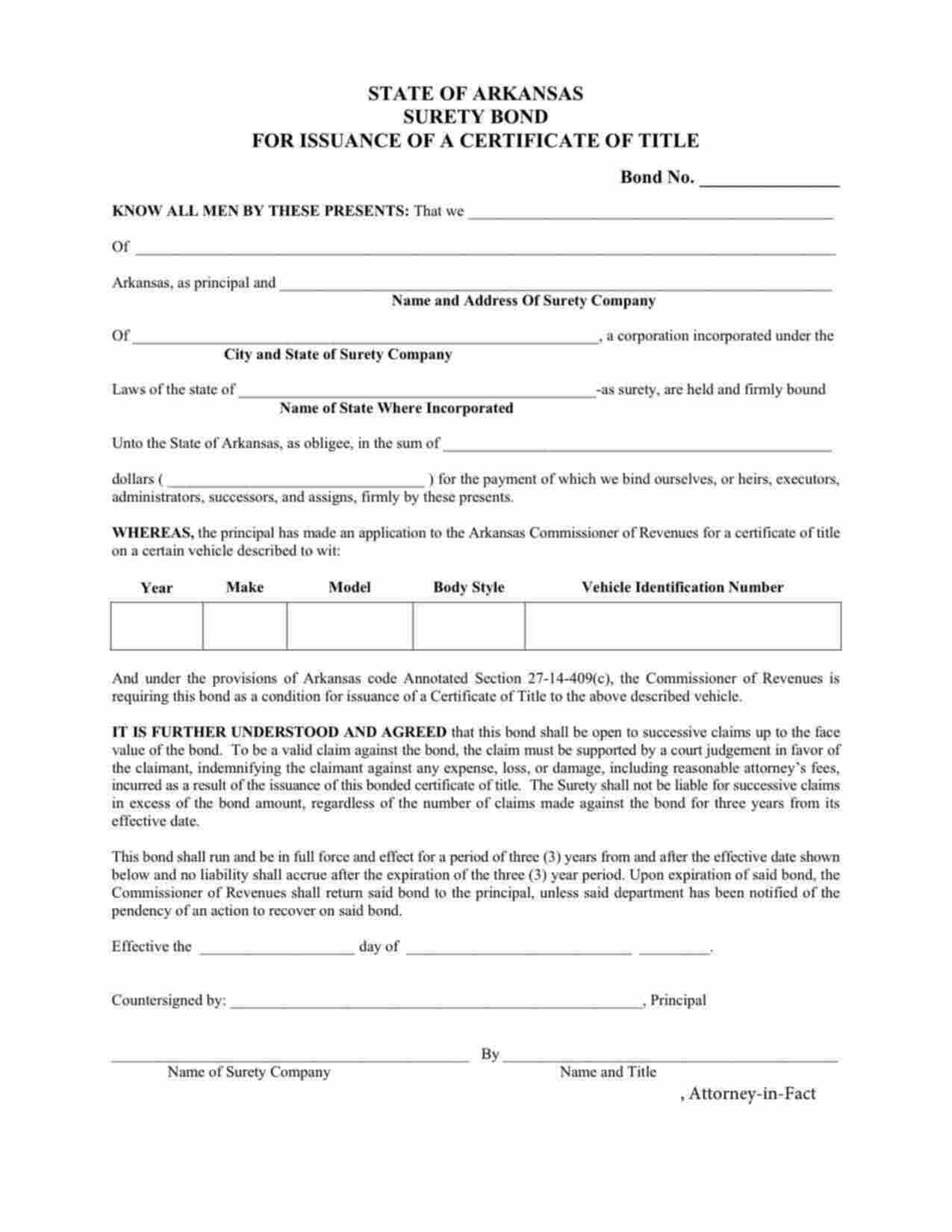 Arkansas Lost Certificate of Title Bond Form
