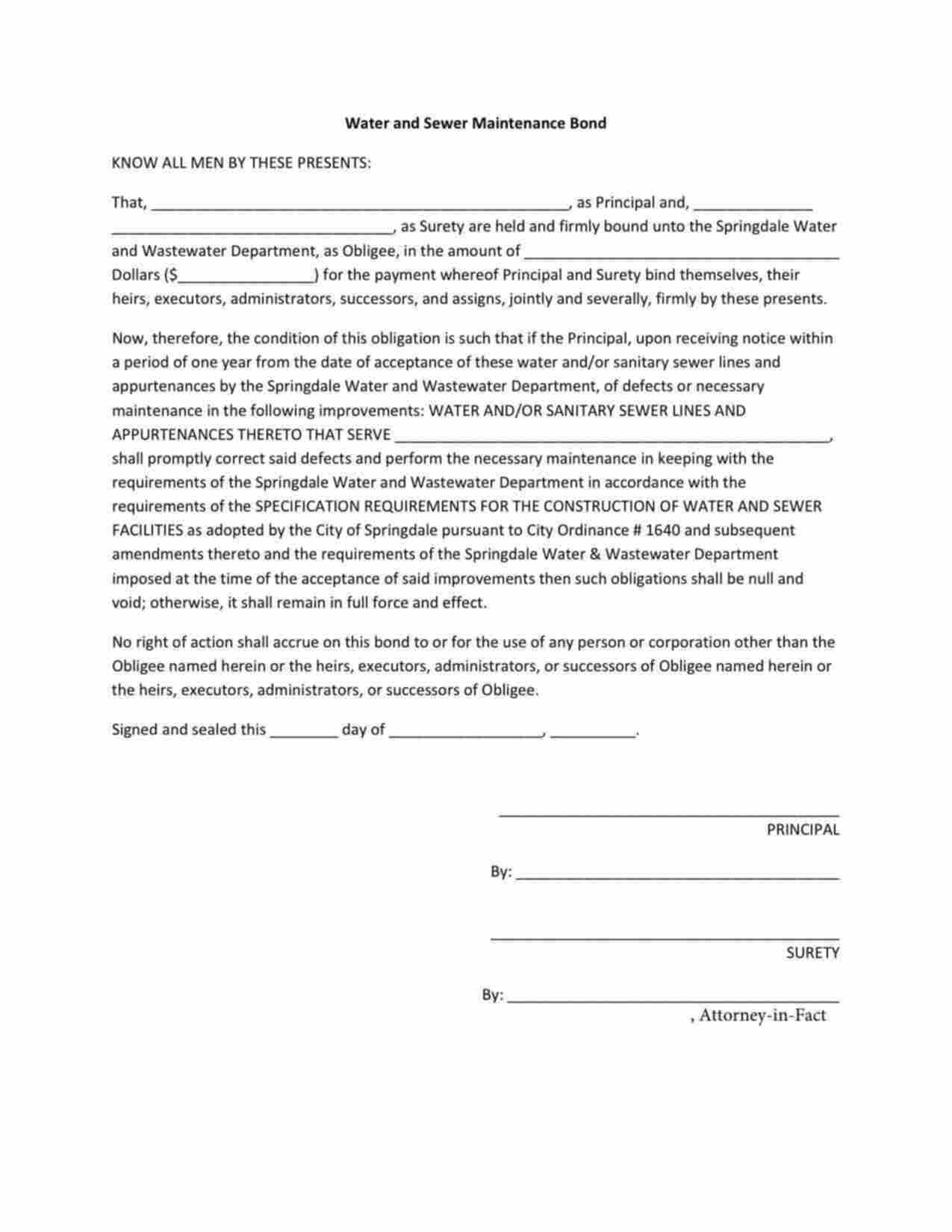 Arkansas Water and Sewer Maintenance Bond Form