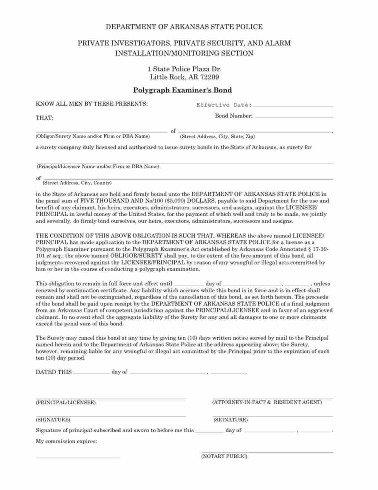 Arkansas Polygraph Examiner Bond Form