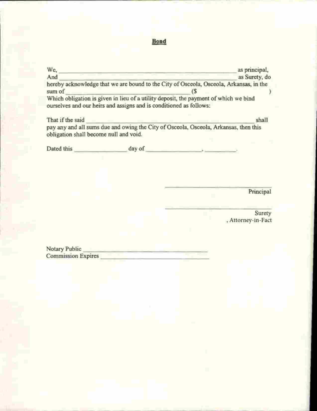 Arkansas Utility Deposit Bond Form