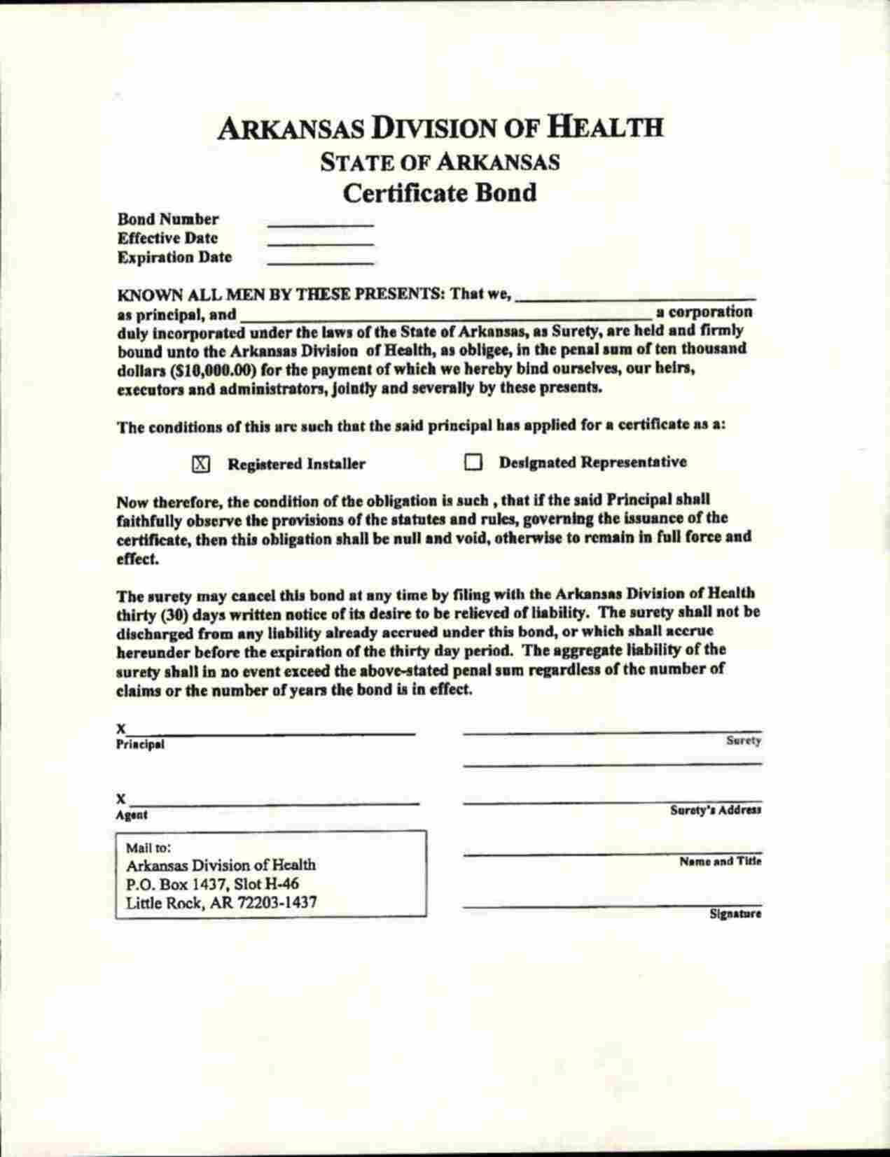 Arkansas Sewage Disposal Registered Installer Bond Form