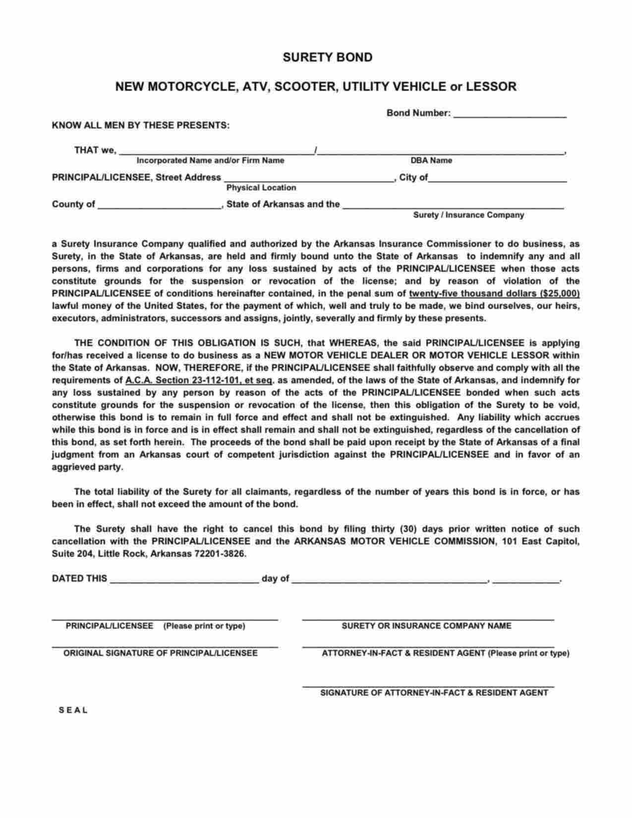Arkansas New Motorcycle, ATV, Scooter, Utility Vehicle or Lessor Bond Form