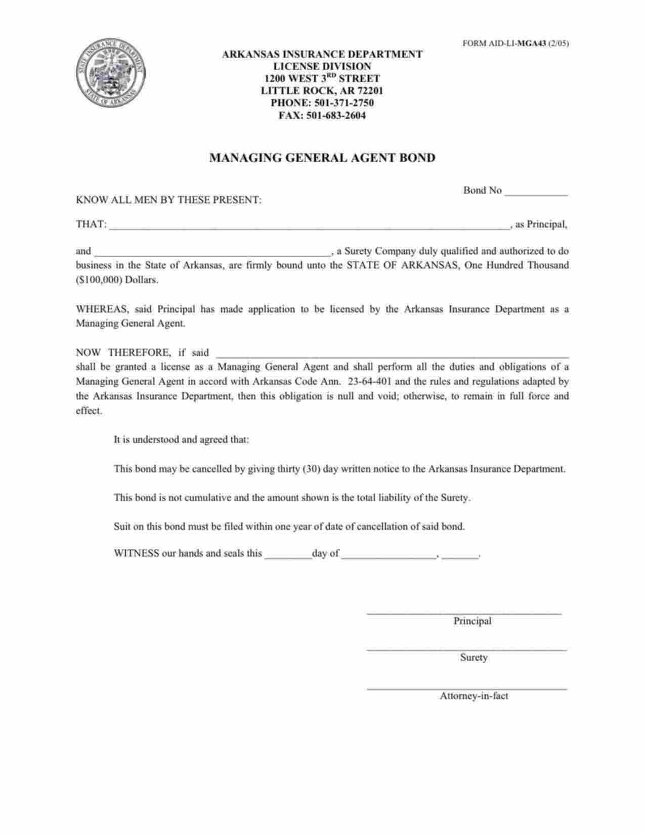 Arkansas Managing General Agent Bond Form