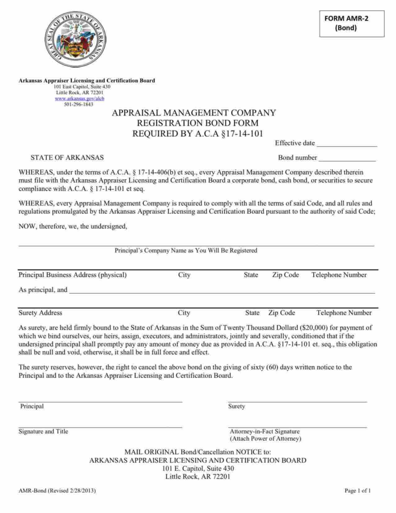 Arkansas Appraisal Management Company Bond Form