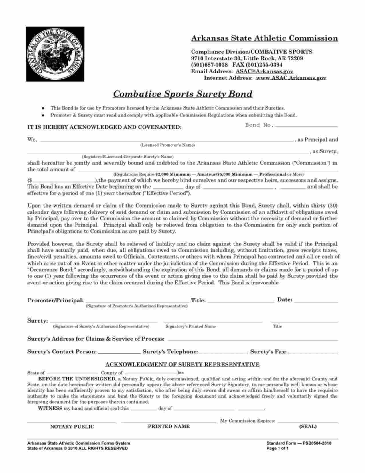 Arkansas Combative Sports Promoter Bond Form